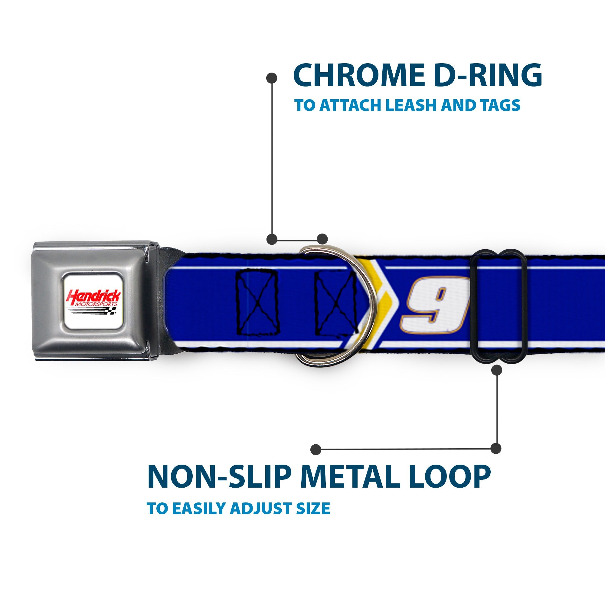 Buckle-Down Hendrick Motorsports Checker Logo Full Color Red/White Seatbelt Buckle Dog Collar - Chase Elliott #9 Car Scheme Blue/Yellow/White