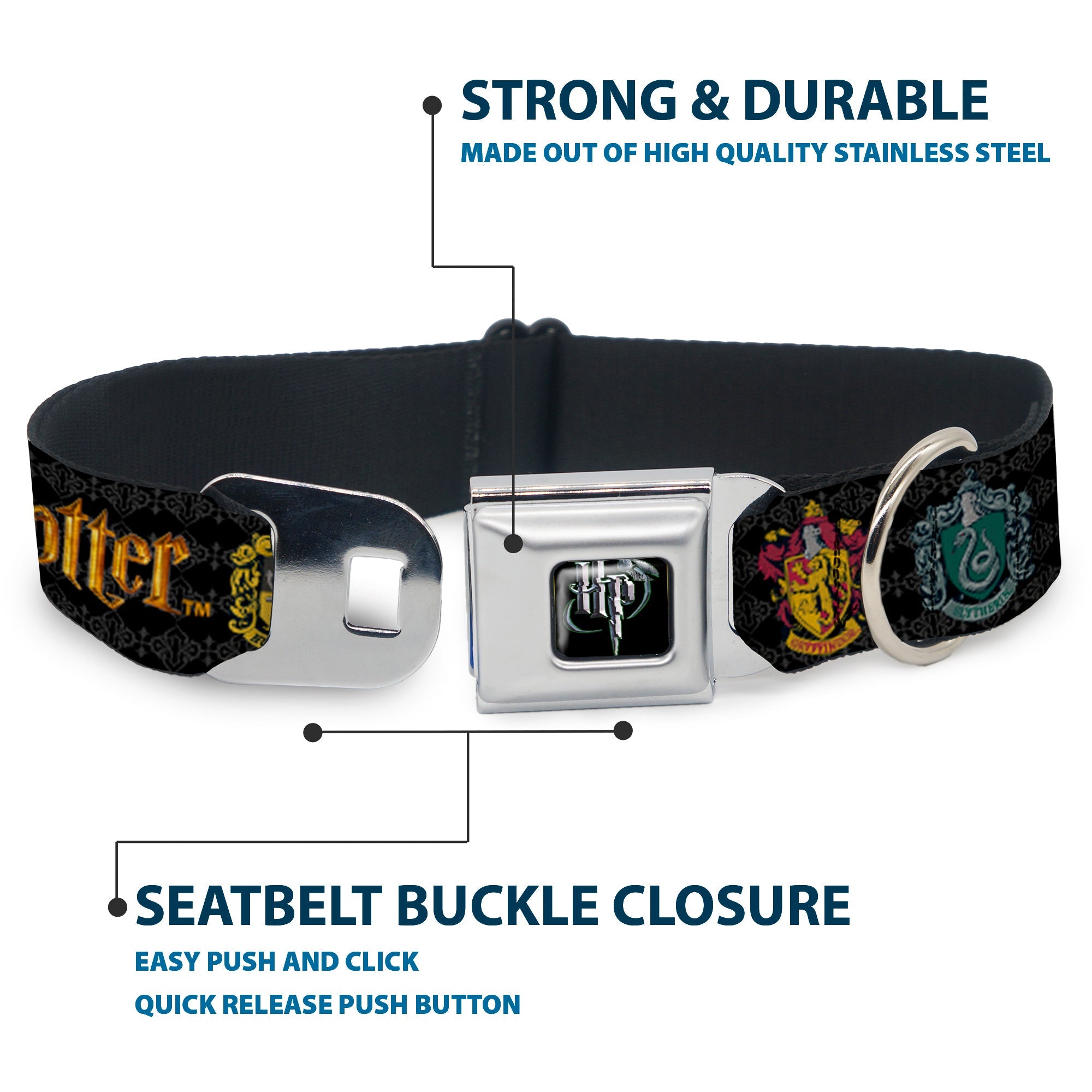 Harry Potter Logo Full Color Black/White Seatbelt Buckle Collar - HARRY POTTER Hufflepuff/Ravenclaw/Gryffindor/Slytherin Coat of Arms Black