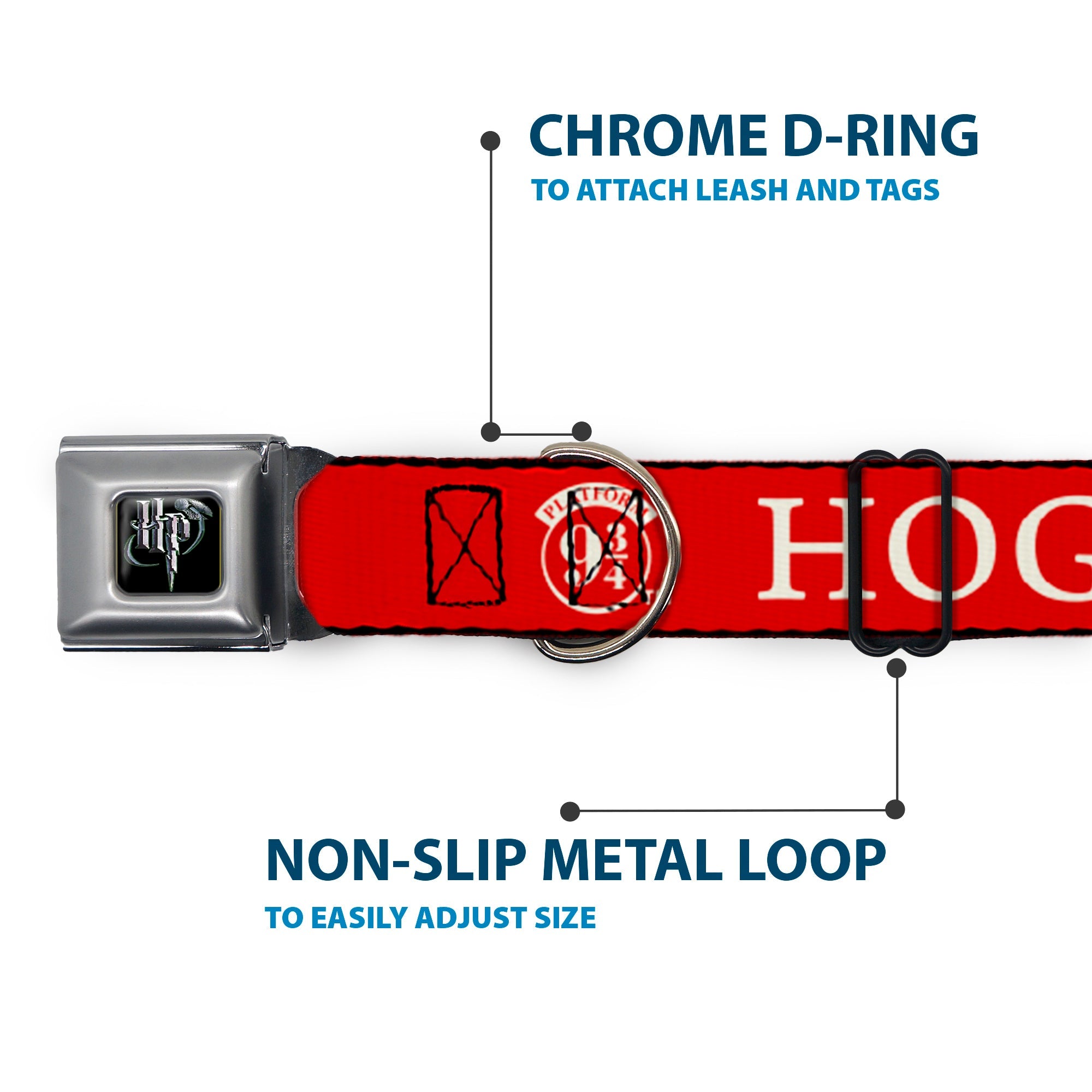 Harry Potter Logo Full Color Black/White Seatbelt Buckle Collar - HOGWARTS EXPRESS 9¾ Red/White
