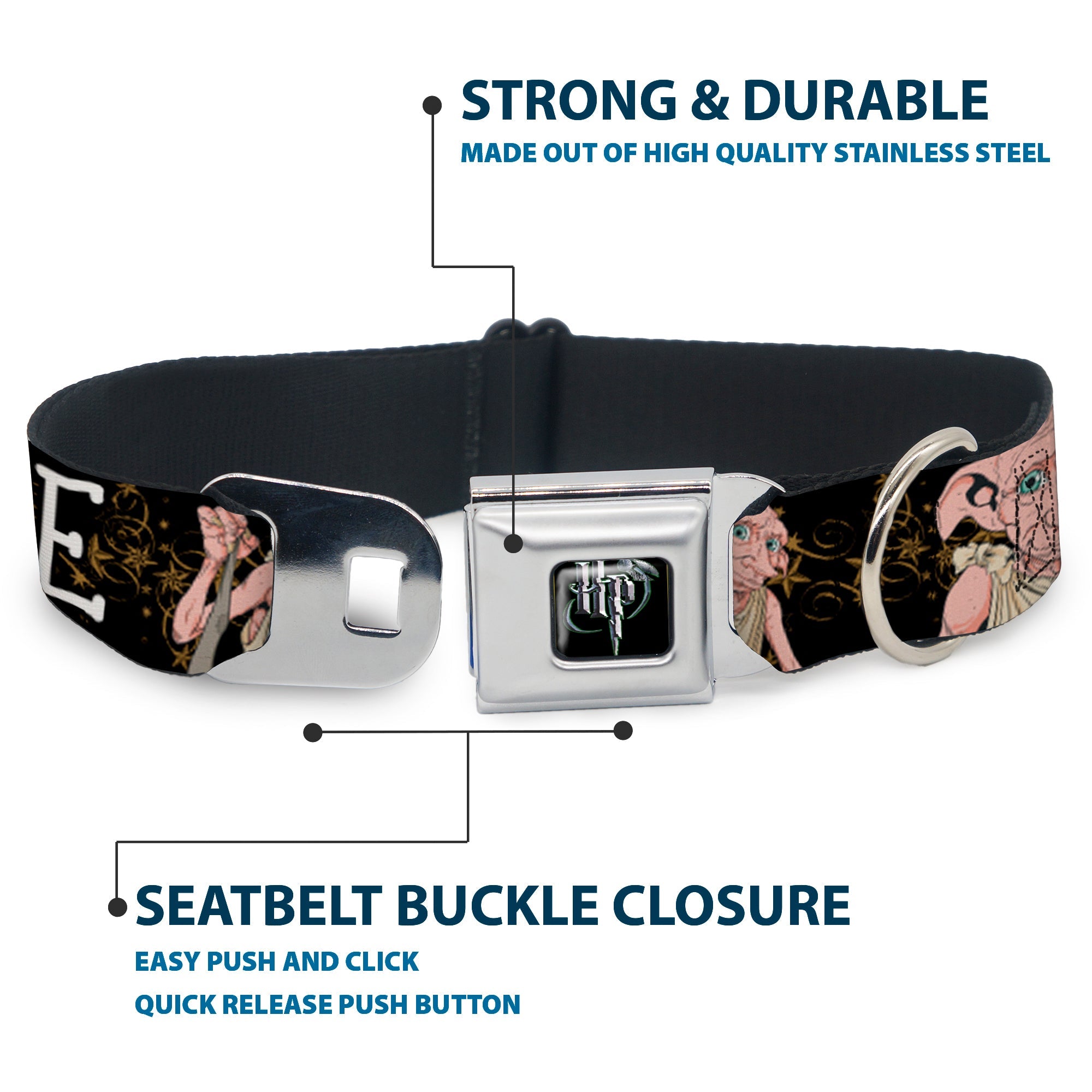 Harry Potter Logo Full Color Black/White Seatbelt Buckle Collar - DOBBY IS FREE/3-Dobby Poses Star Swirls Black/Gold/White