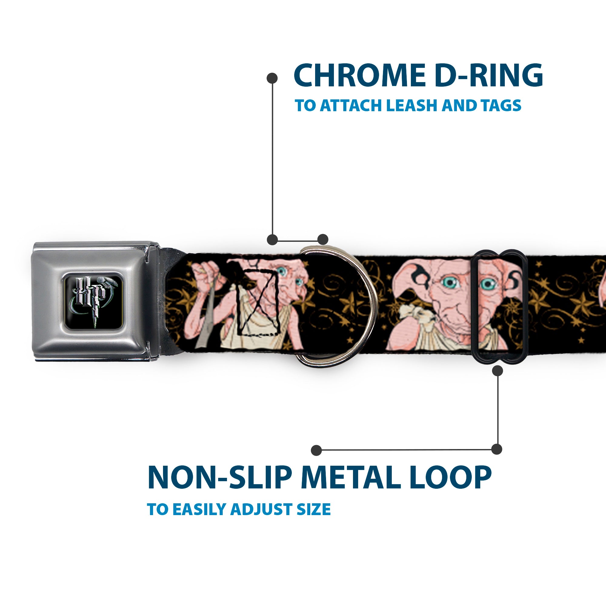 Harry Potter Logo Full Color Black/White Seatbelt Buckle Collar - DOBBY IS FREE/3-Dobby Poses Star Swirls Black/Gold/White