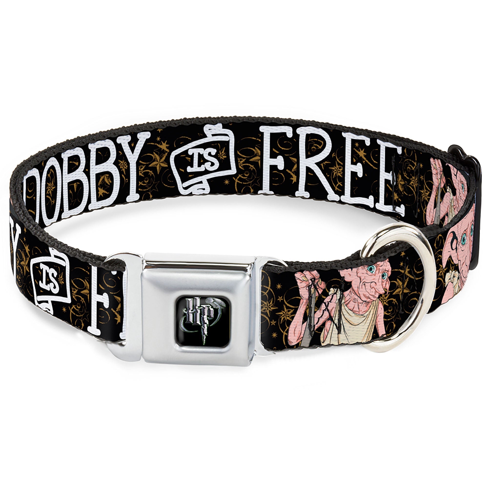 Harry Potter Logo Full Color Black/White Seatbelt Buckle Collar - DOBBY IS FREE/3-Dobby Poses Star Swirls Black/Gold/White