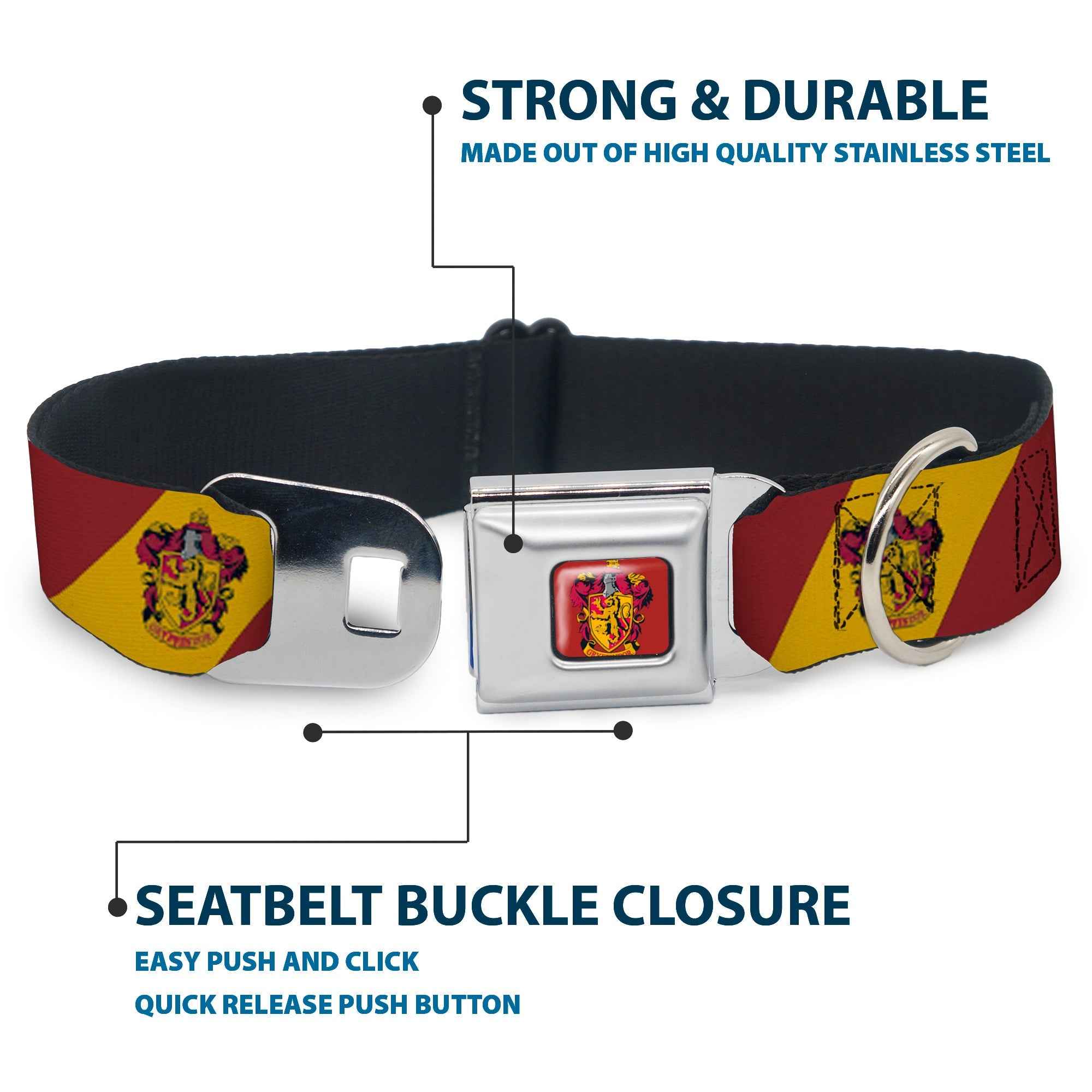 Buckle-Down Gryffindor Crest Full Color Red Seatbelt Buckle Dog Collar - Gryffindor Crest Diagonal Stripe Gold/Red