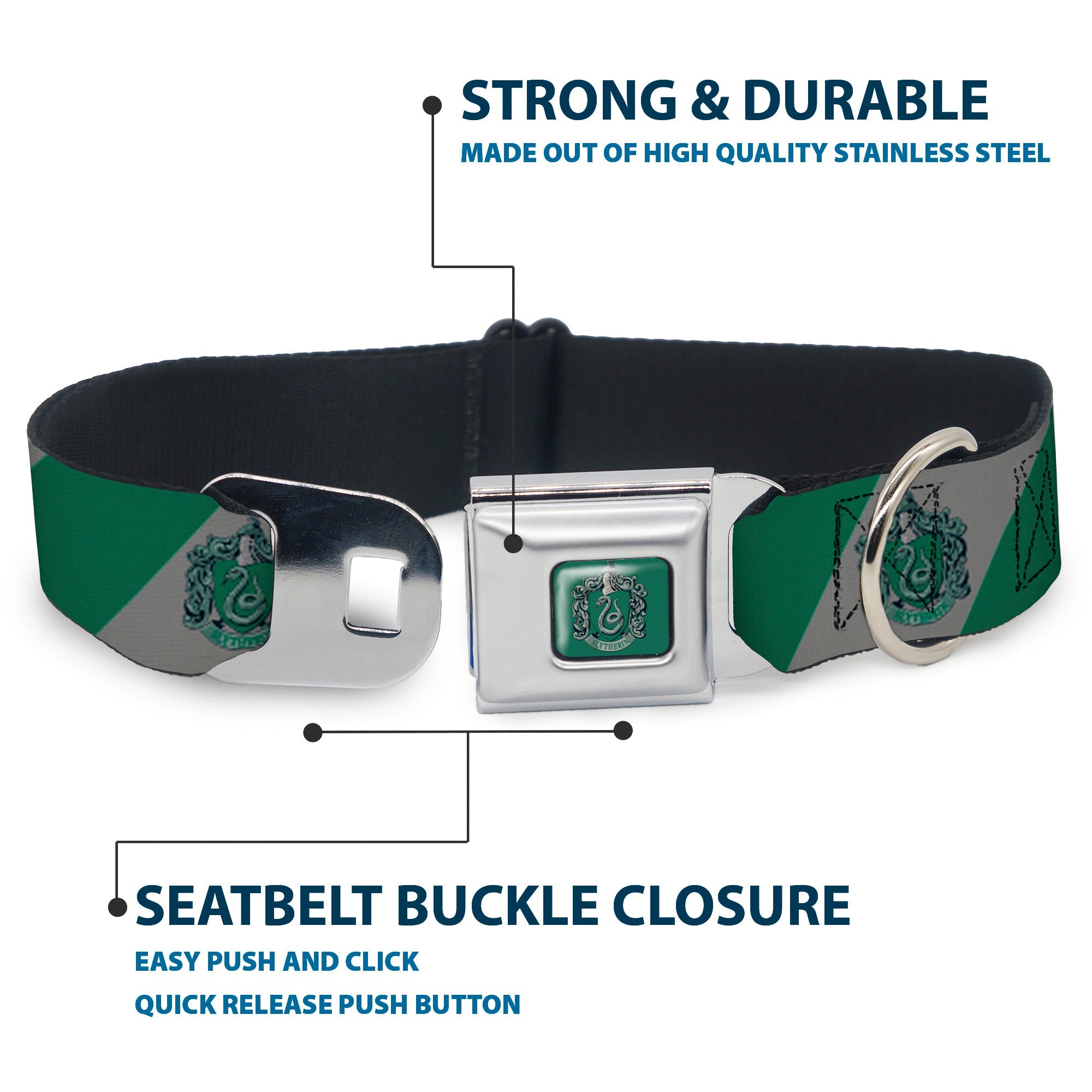 Buckle-Down Slytherin Crest Full Color Green Seatbelt Buckle Dog Collar - Slytherin Crest Diagonal Stripe Gray/Green