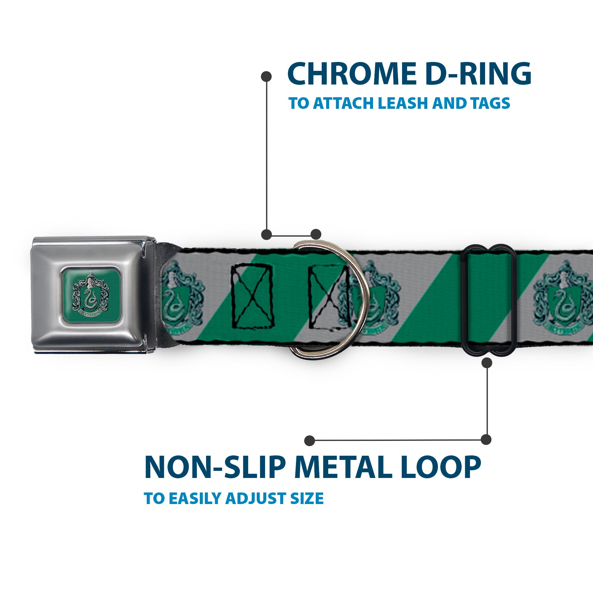 Buckle-Down Slytherin Crest Full Color Green Seatbelt Buckle Dog Collar - Slytherin Crest Diagonal Stripe Gray/Green