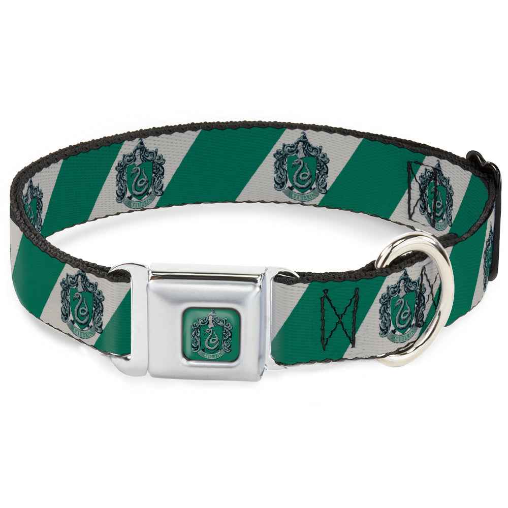 Buckle-Down Slytherin Crest Full Color Green Seatbelt Buckle Dog Collar - Slytherin Crest Diagonal Stripe Gray/Green