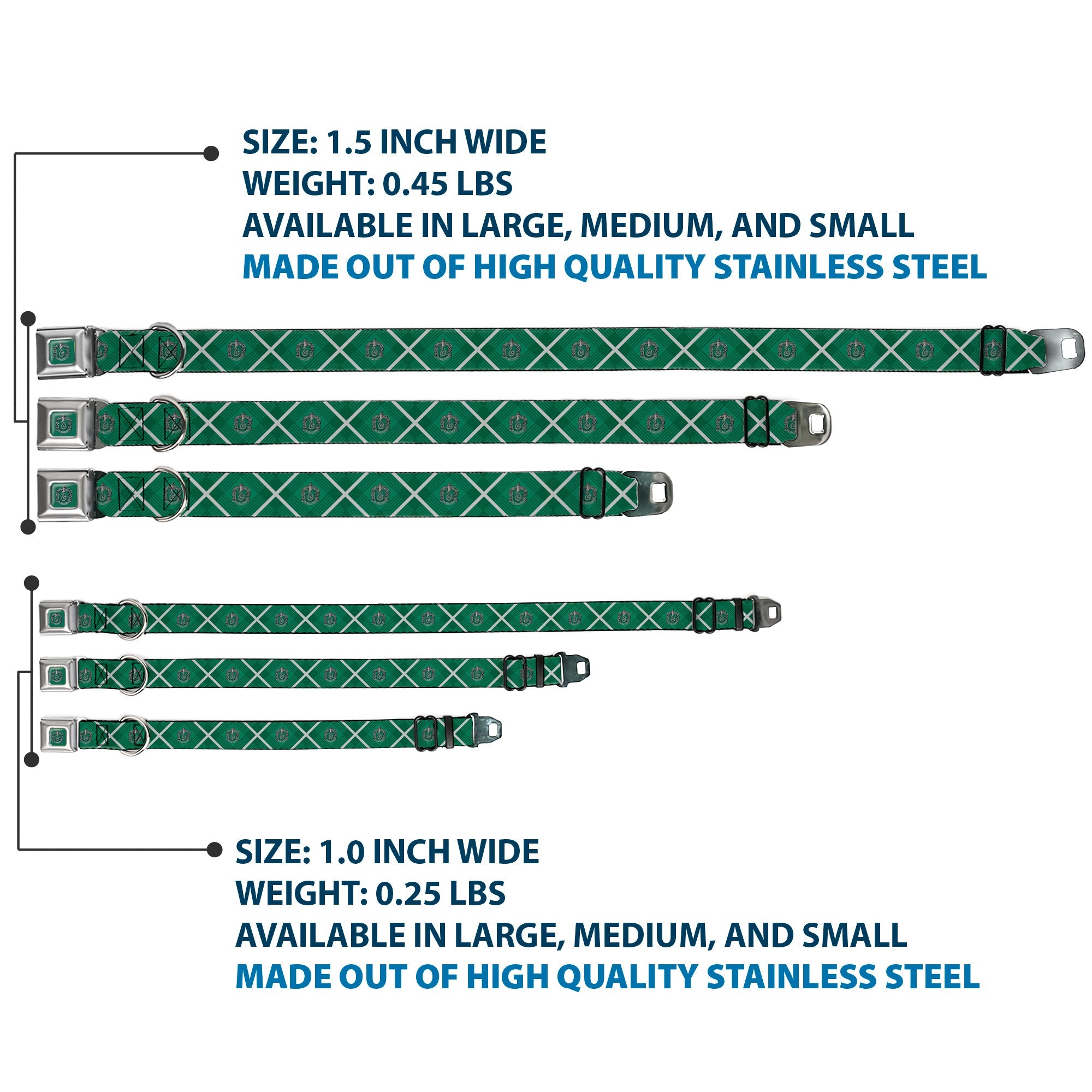 SLYTHERIN Crest Full Color Green Seatbelt Buckle Collar - Harry Potter Slytherin Crest Plaid Greens/Gray