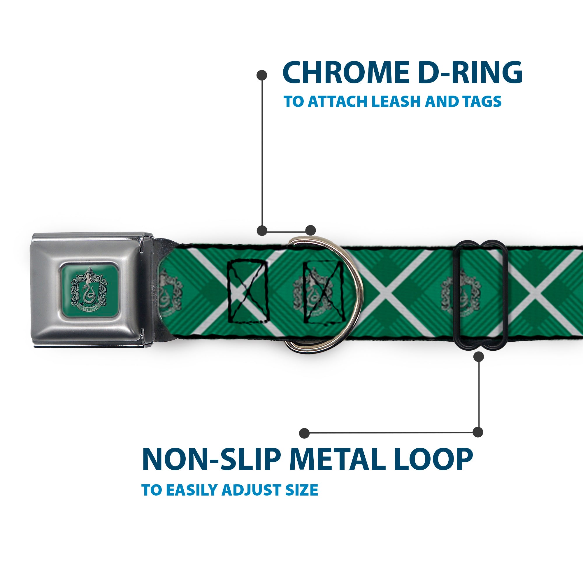 SLYTHERIN Crest Full Color Green Seatbelt Buckle Collar - Harry Potter Slytherin Crest Plaid Greens/Gray