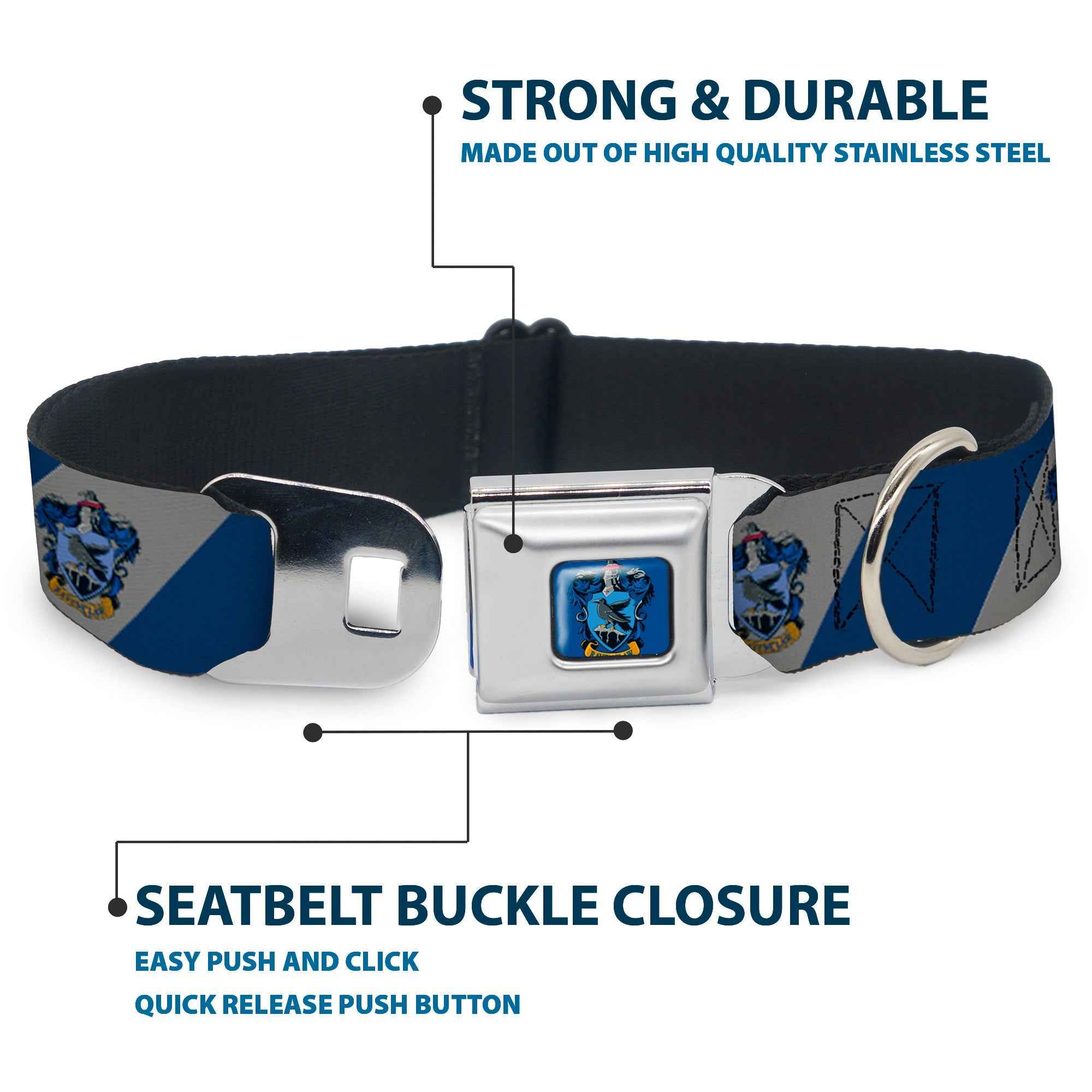 Buckle-Down Ravenclaw Crest Full Color Blue Seatbelt Buckle Dog Collar - Ravenclaw Crest Diagonal Stripe Gray/Blue