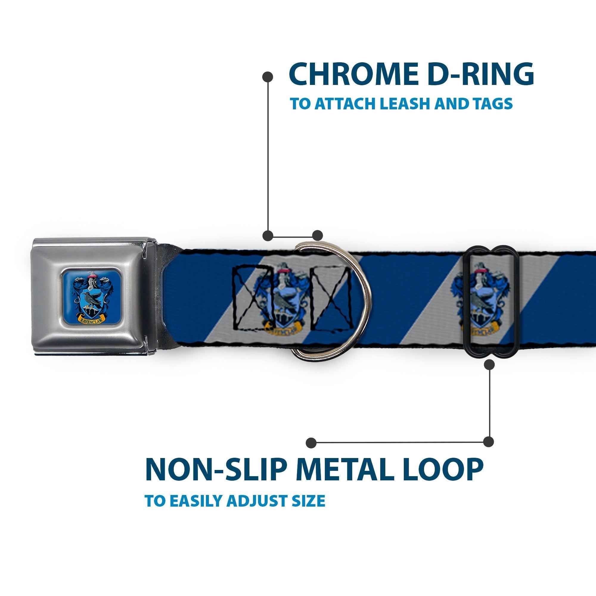 Buckle-Down Ravenclaw Crest Full Color Blue Seatbelt Buckle Dog Collar - Ravenclaw Crest Diagonal Stripe Gray/Blue