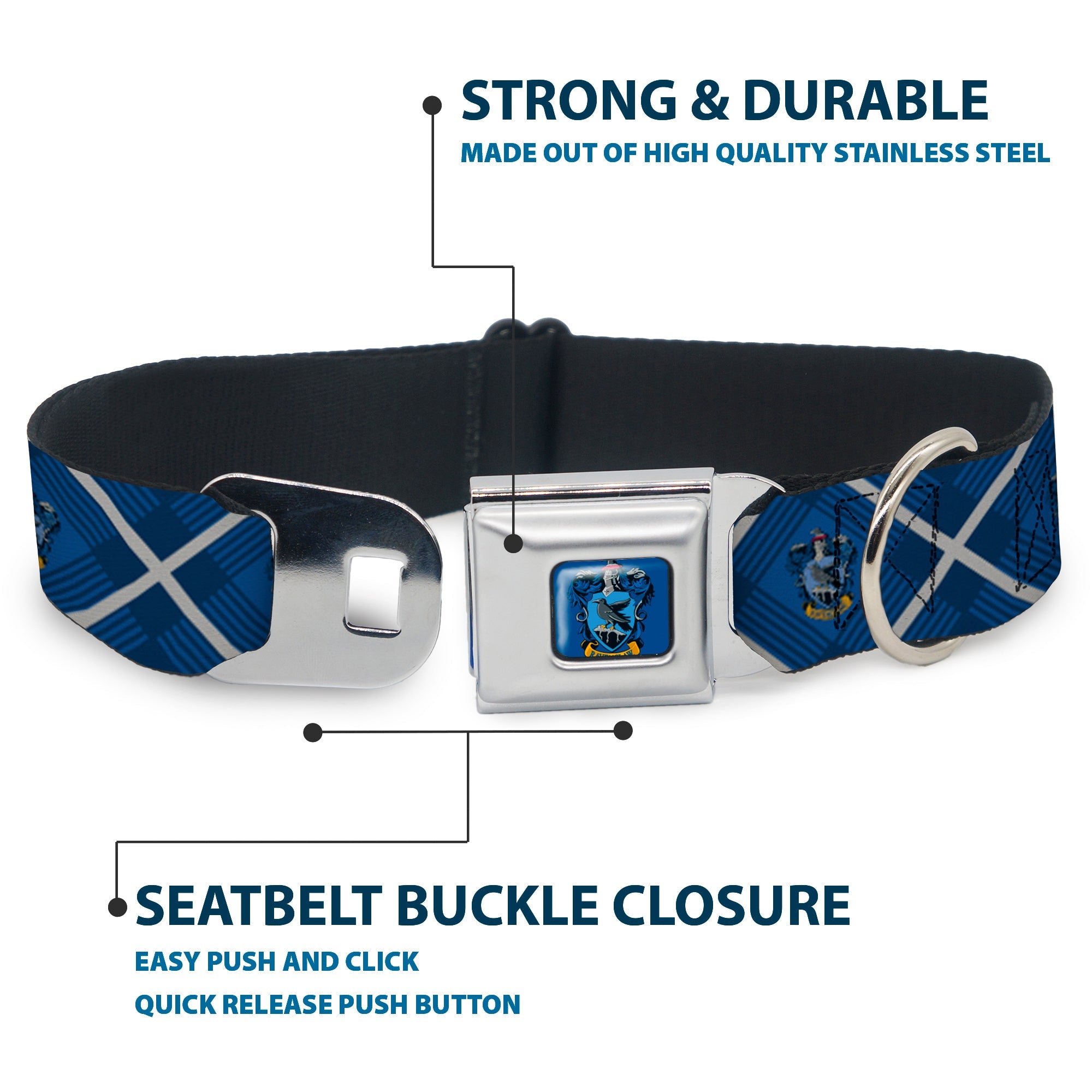 RAVENCLAW Crest Full Color Blue Seatbelt Buckle Collar - Harry Potter Ravenclaw Crest Plaid Blues/Gray