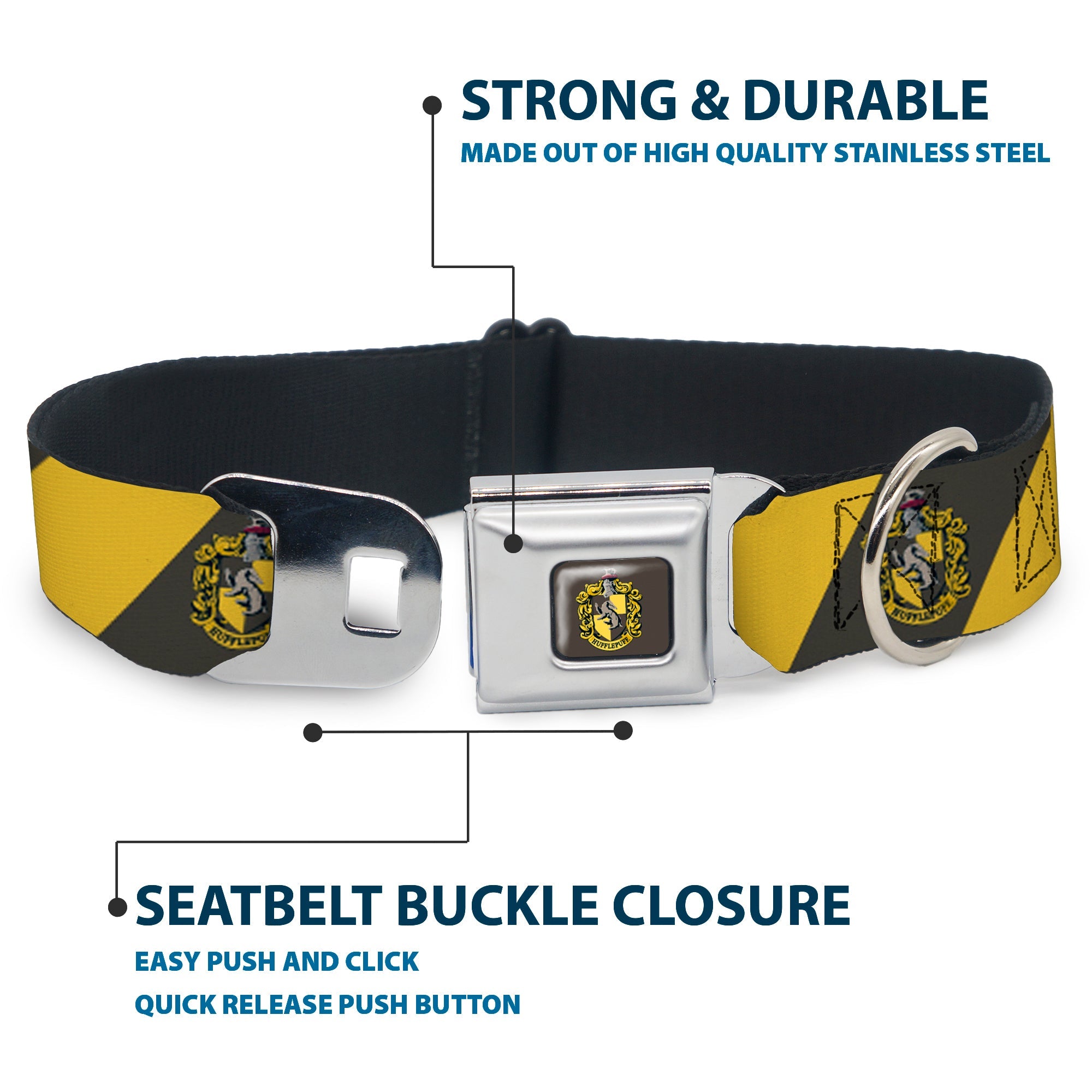 Buckle-Down Hufflepuff Crest Full Color Charcoal Gray Seatbelt Buckle Dog Collar - Hufflepuff Crest Diagonal Stripe Charcoal Gray/Yellow