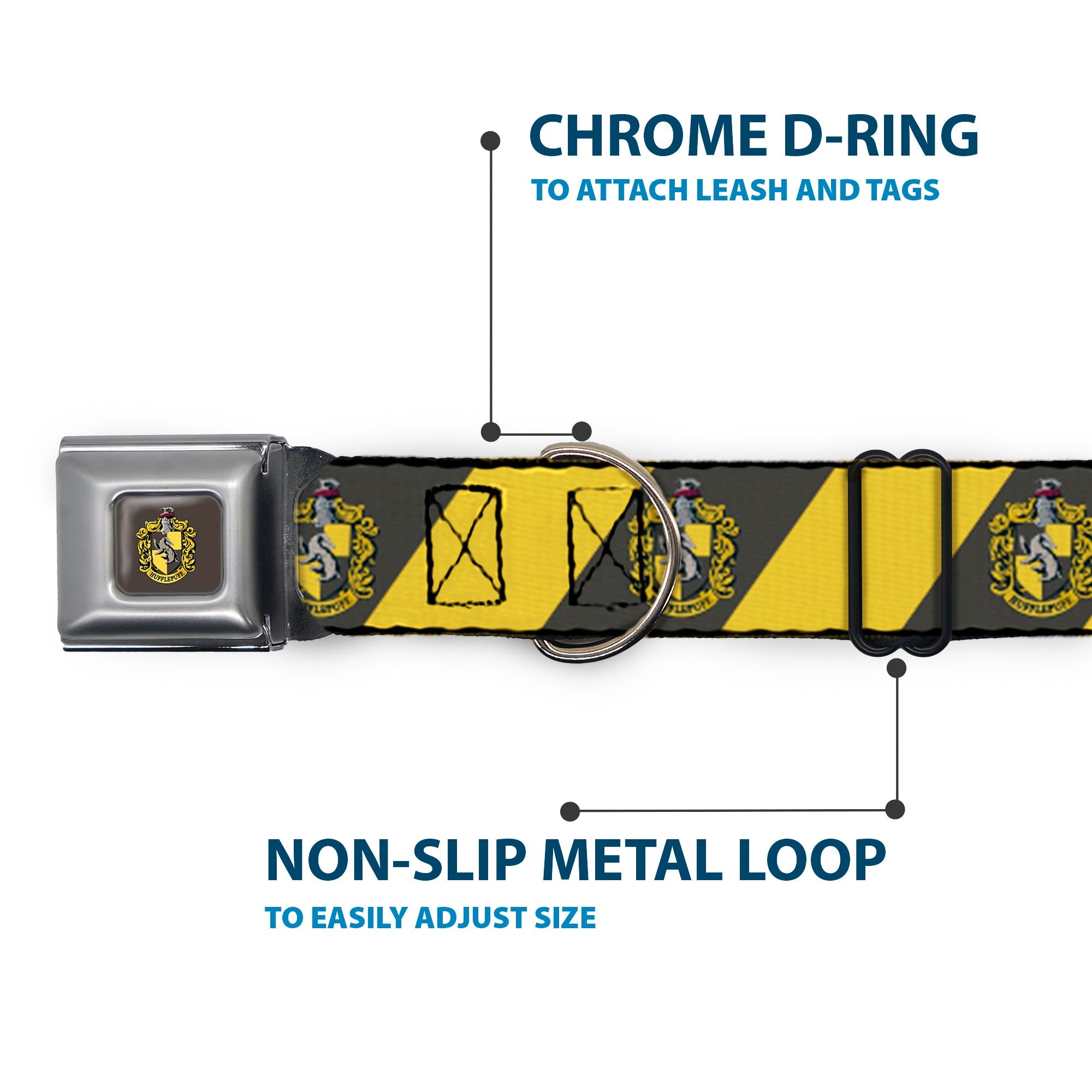 Buckle-Down Hufflepuff Crest Full Color Charcoal Gray Seatbelt Buckle Dog Collar - Hufflepuff Crest Diagonal Stripe Charcoal Gray/Yellow
