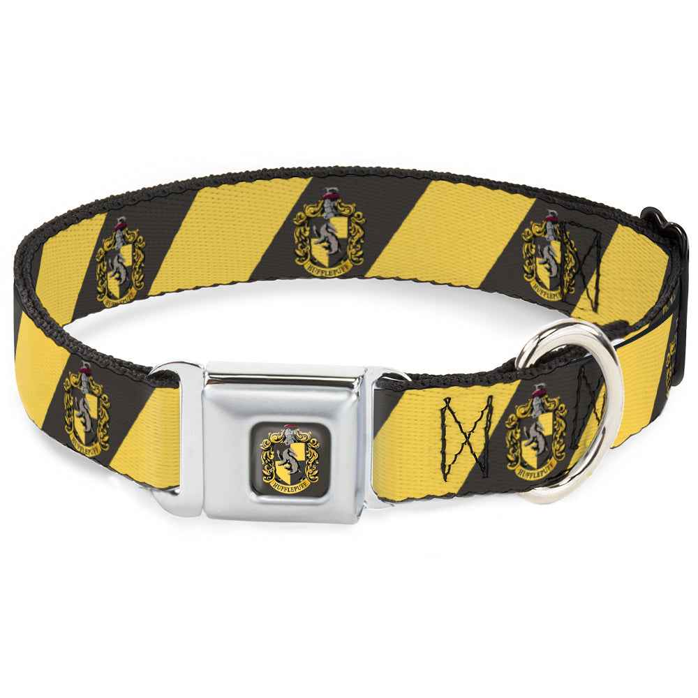 Buckle-Down Hufflepuff Crest Full Color Charcoal Gray Seatbelt Buckle Dog Collar - Hufflepuff Crest Diagonal Stripe Charcoal Gray/Yellow