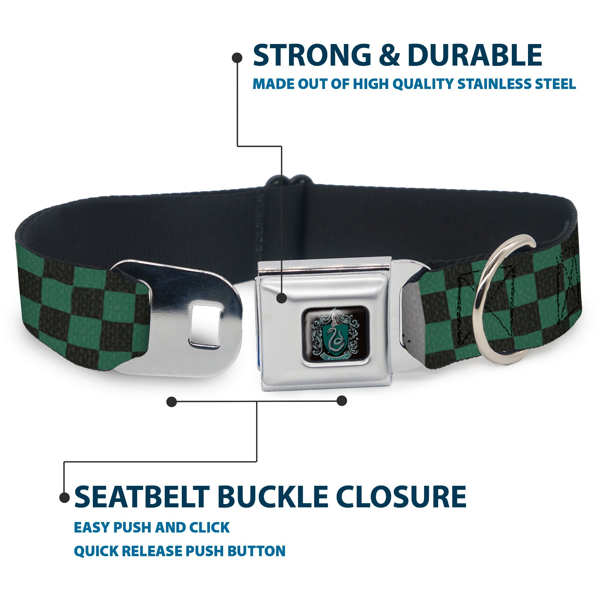 Slytherin Crest Full Color Seatbelt Buckle Collar - Harry Potter SLYTHERIN/Checker Blocks Grays/Greens