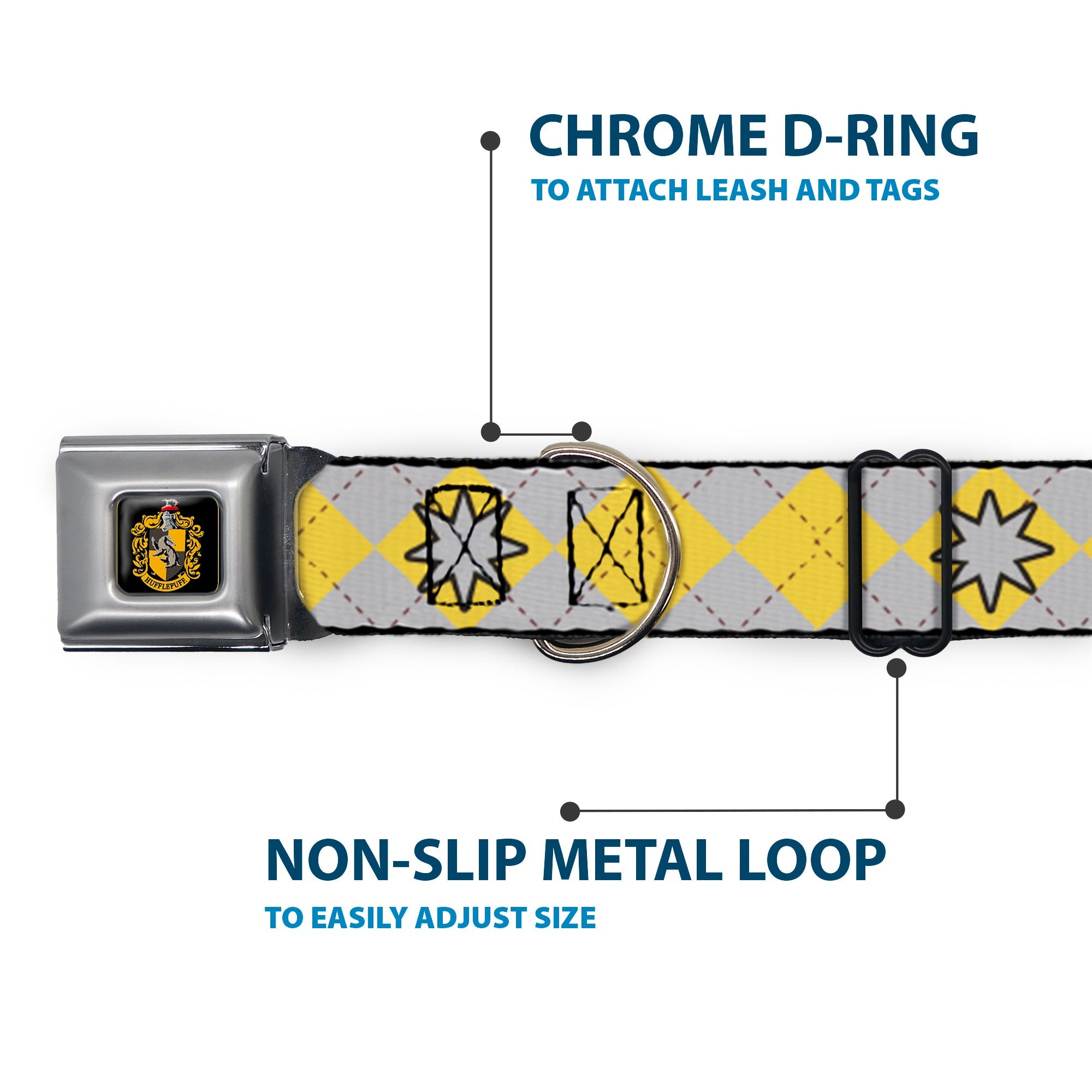 Hufflepuff Crest Full Color Seatbelt Buckle Collar - Harry Potter HUFFLEPUFF/Stars Argyle Plaid Gray/Gold/Browns