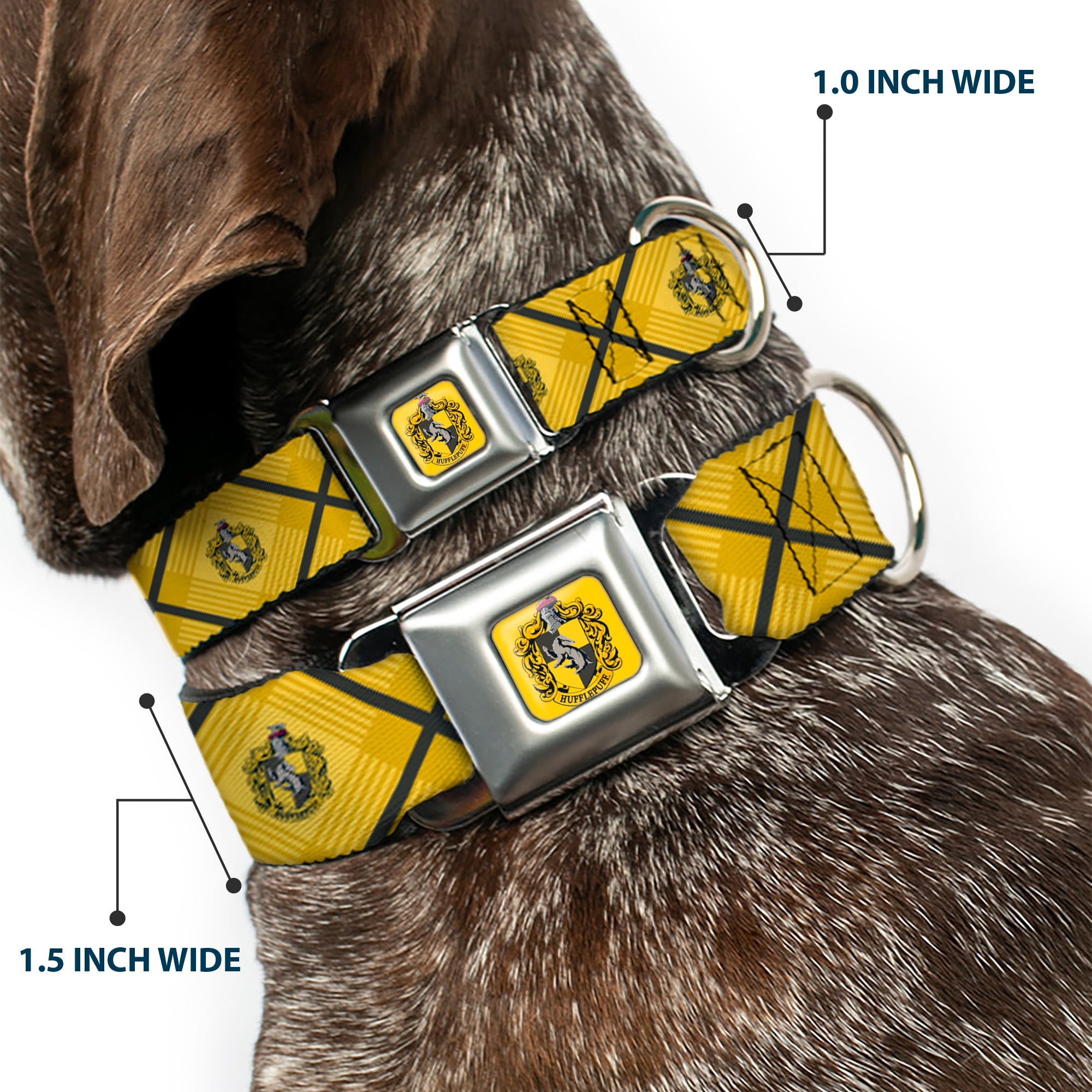 HUFFLEPUFF Crest Full Color Gold Seatbelt Buckle Collar - Harry Potter Hufflepuff Crest Plaid Yellows/Gray
