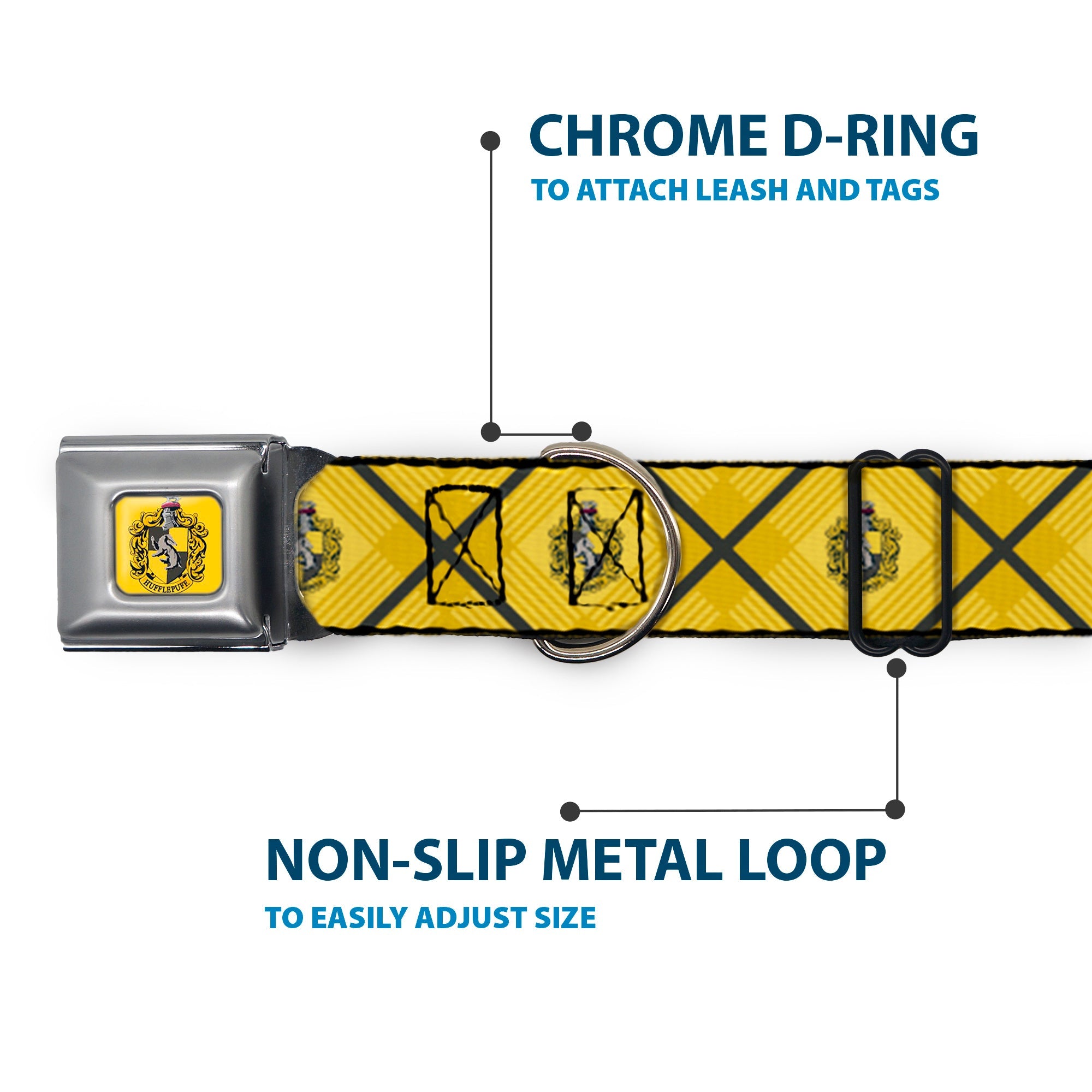 HUFFLEPUFF Crest Full Color Gold Seatbelt Buckle Collar - Harry Potter Hufflepuff Crest Plaid Yellows/Gray