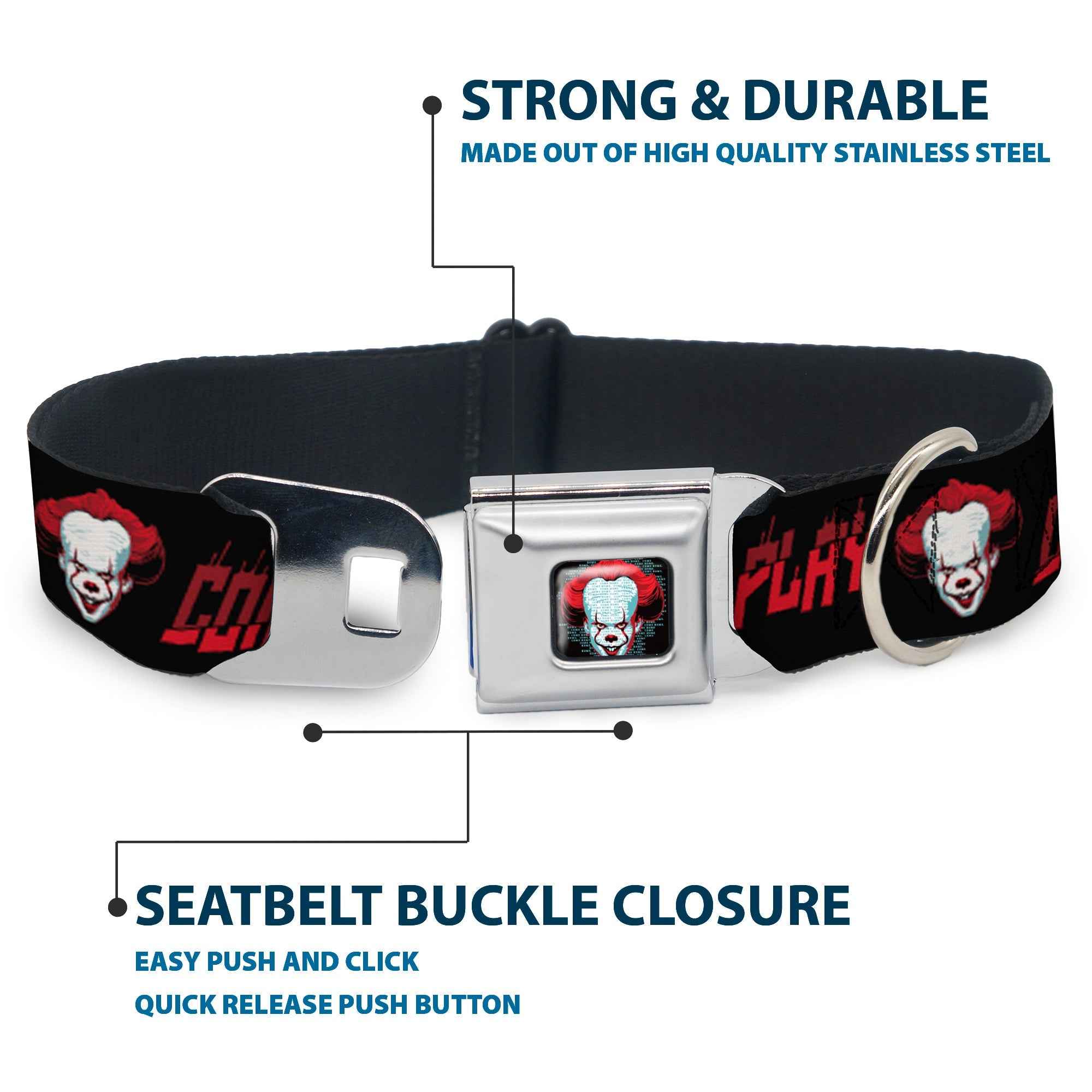 Buckle-Down It Chapter Two Pennywise Face Black/Reds/Blues & Come Back And Play Black/Reds Seatbelt Buckle Dog Collar