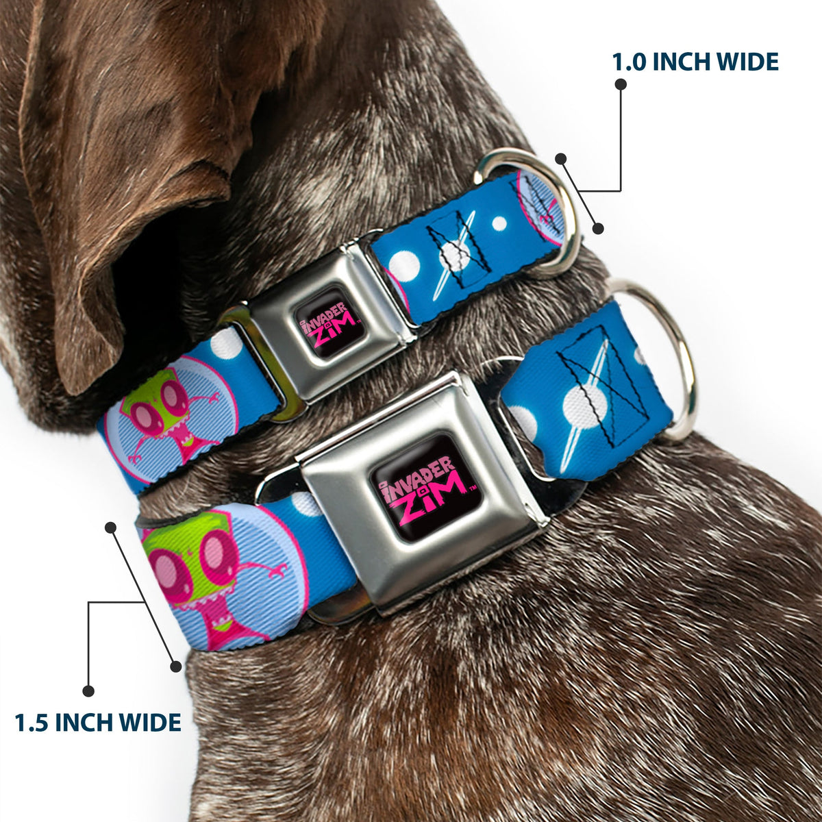 INVADER ZIM Title Logo Full Color Pink/Green Seatbelt Buckle Collar - Invader Zim and GIR Poses and Planets Blue/White