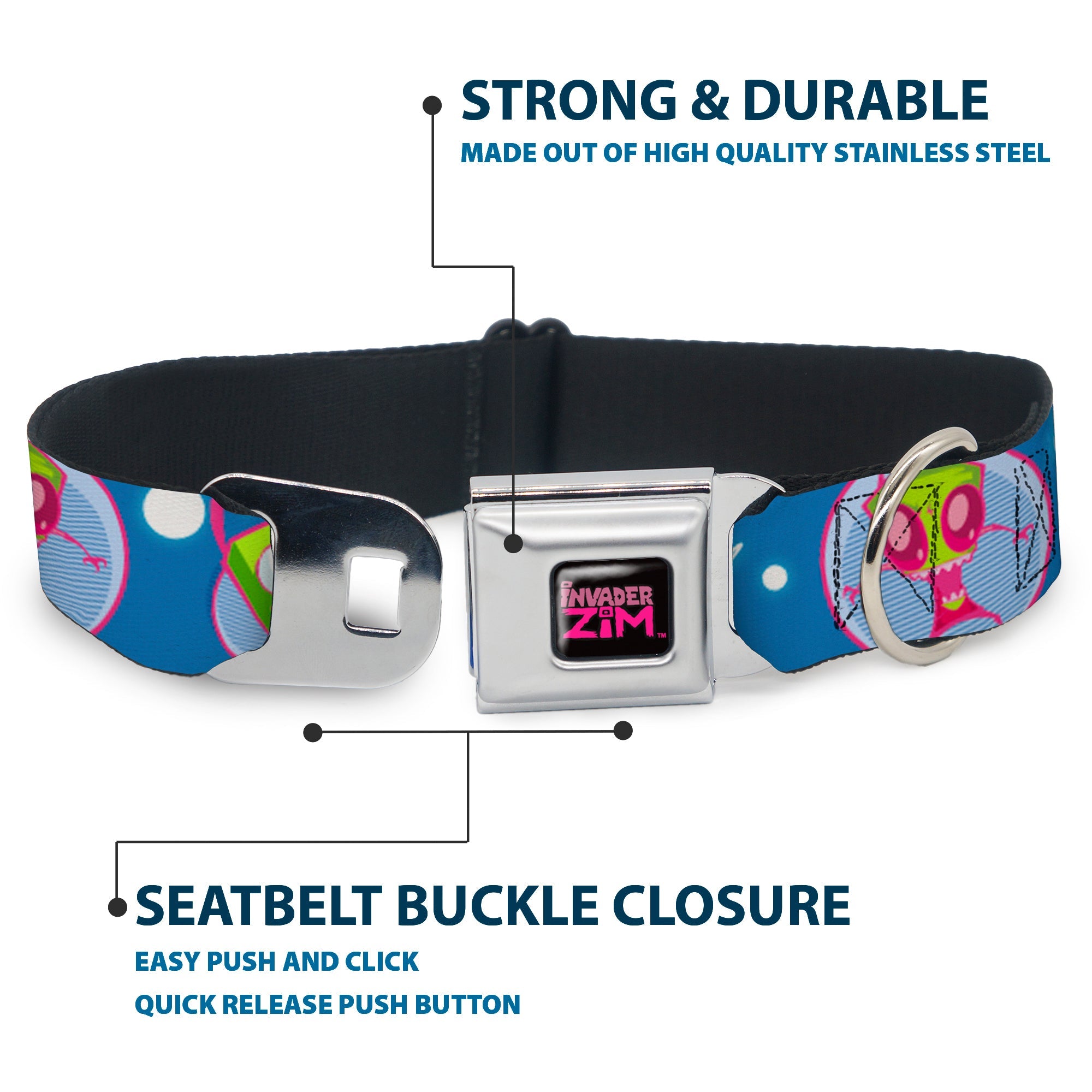 INVADER ZIM Title Logo Full Color Pink/Green Seatbelt Buckle Collar - Invader Zim and GIR Poses and Planets Blue/White