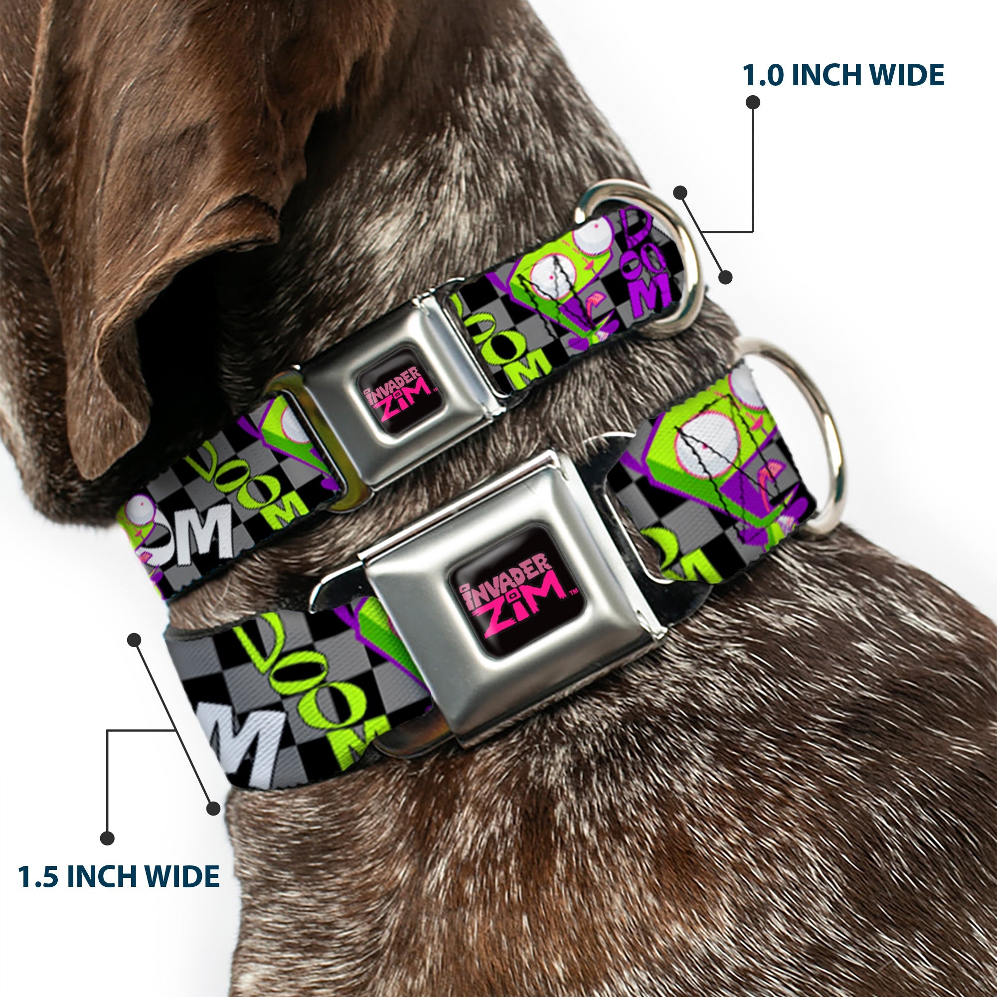 INVADER ZIM Title Logo Full Color Pink/Green Seatbelt Buckle Collar - Invader Zim GIR DOOM Pose Checker Black/Gray