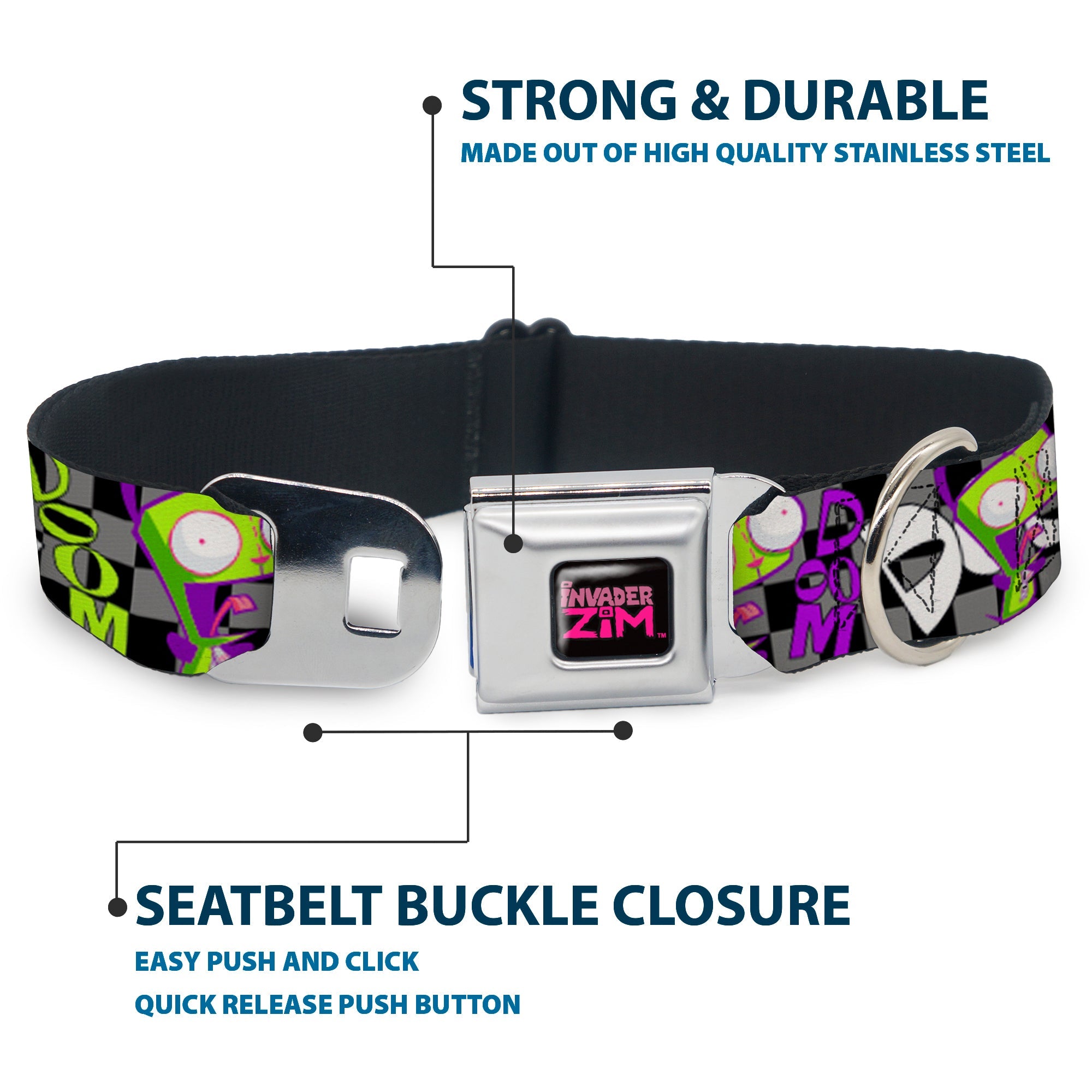 INVADER ZIM Title Logo Full Color Pink/Green Seatbelt Buckle Collar - Invader Zim GIR DOOM Pose Checker Black/Gray