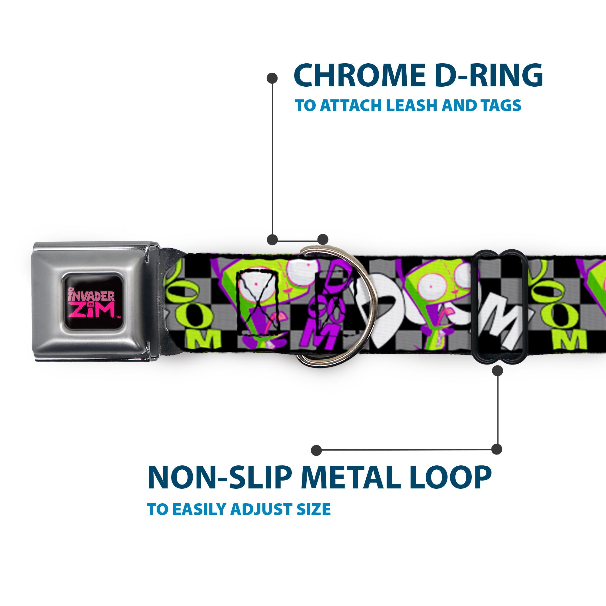 INVADER ZIM Title Logo Full Color Pink/Green Seatbelt Buckle Collar - Invader Zim GIR DOOM Pose Checker Black/Gray