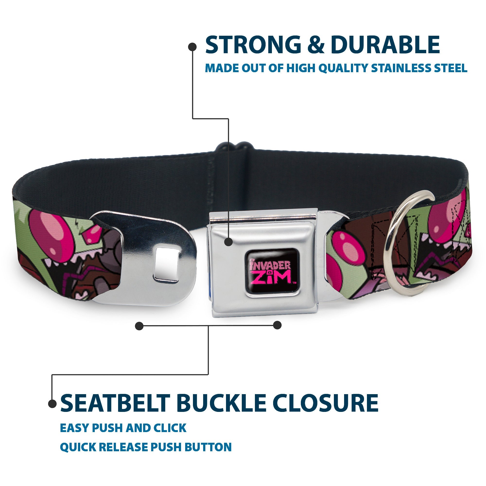 INVADER ZIM Title Logo Full Color Pink/Green Seatbelt Buckle Collar - Invader Zim Close-Up Poses Reds
