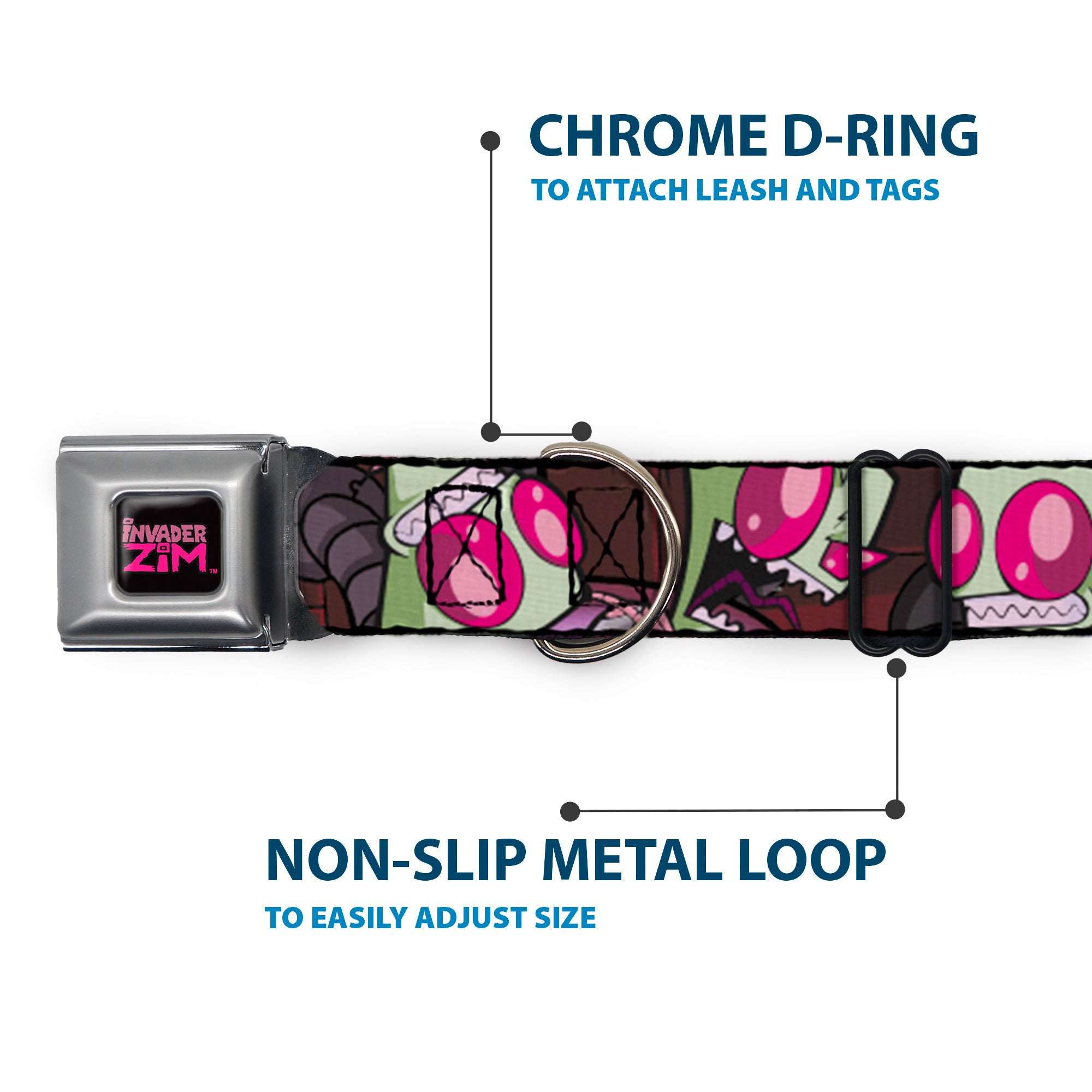 INVADER ZIM Title Logo Full Color Pink/Green Seatbelt Buckle Collar - Invader Zim Close-Up Poses Reds