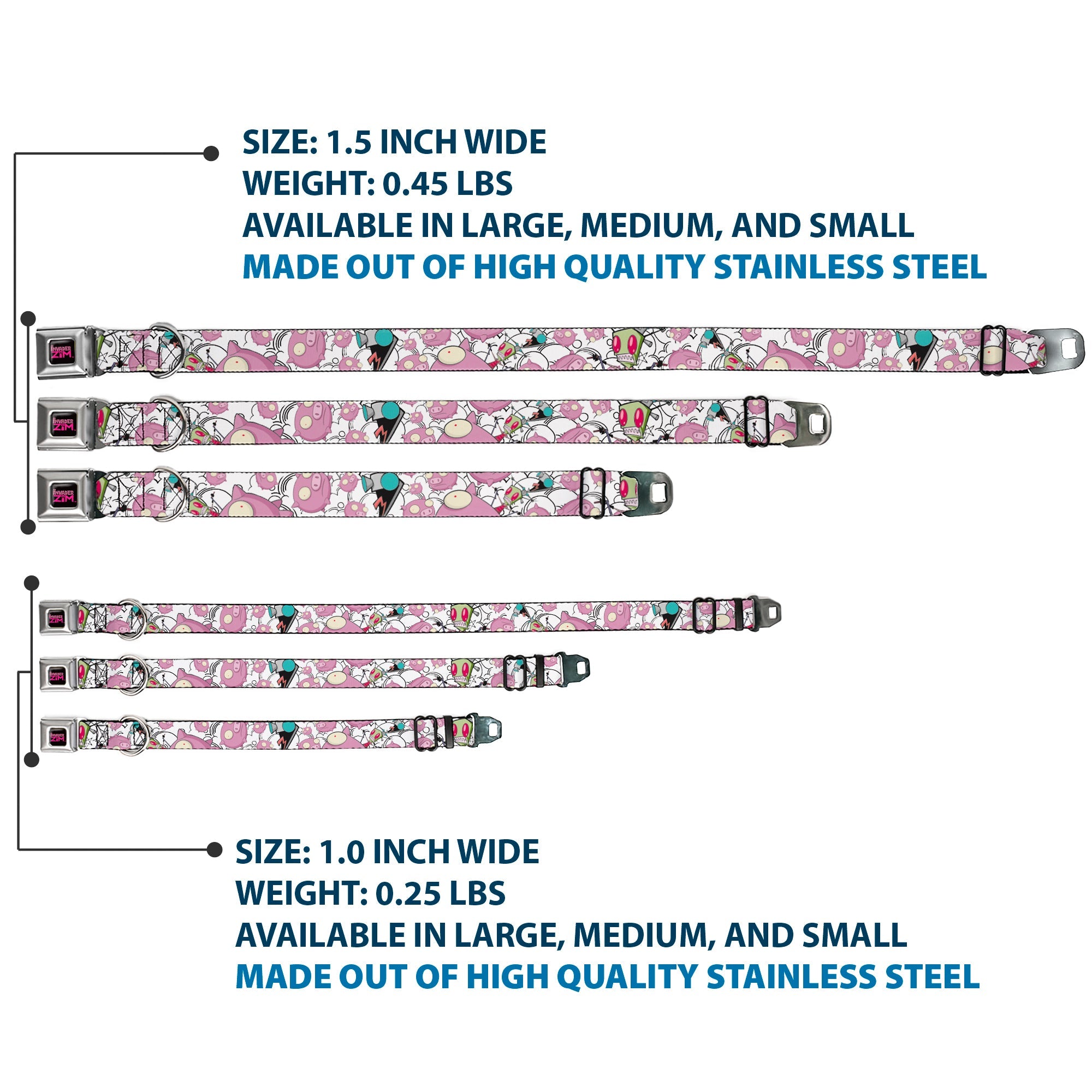 INVADER ZIM Title Logo Full Color Pink/Green Seatbelt Buckle Collar - Invader Zim GIR and Piggy Doddles White/Black