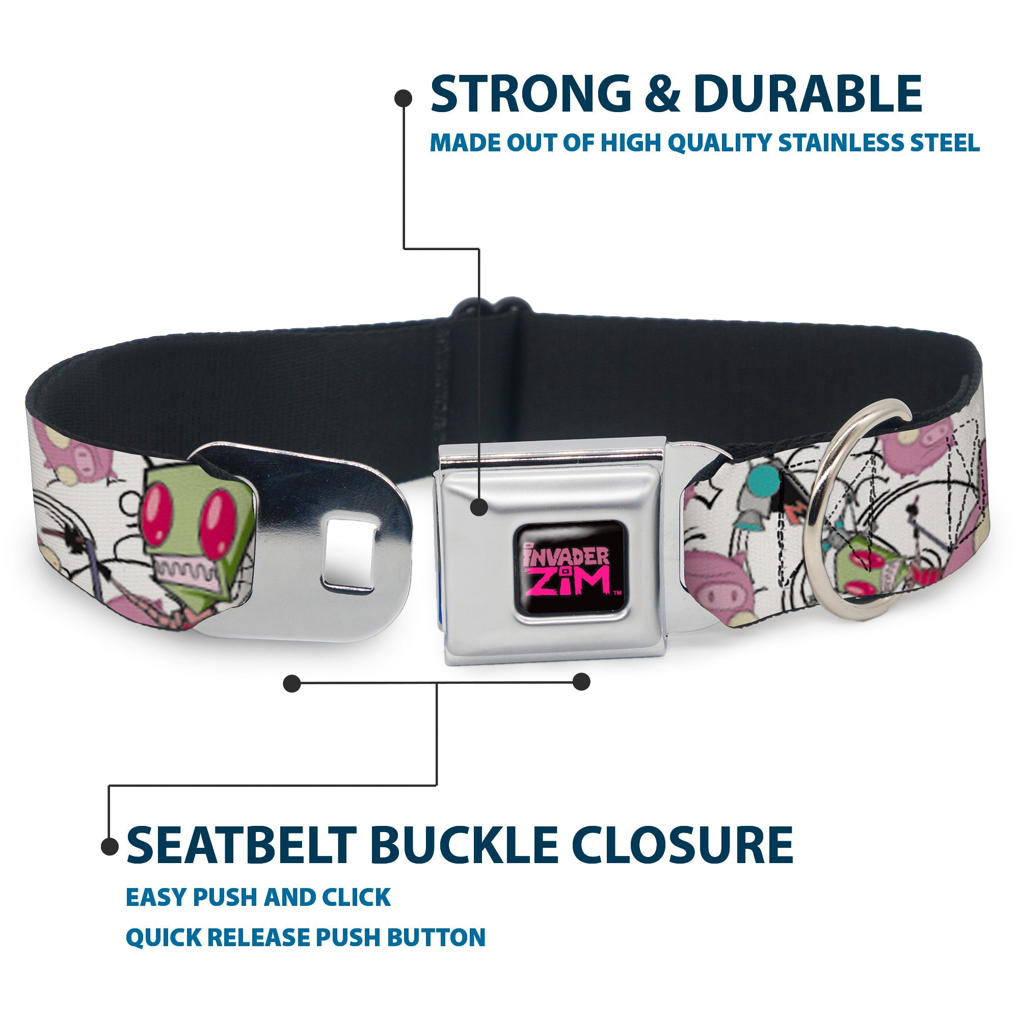 INVADER ZIM Title Logo Full Color Pink/Green Seatbelt Buckle Collar - Invader Zim GIR and Piggy Doddles White/Black