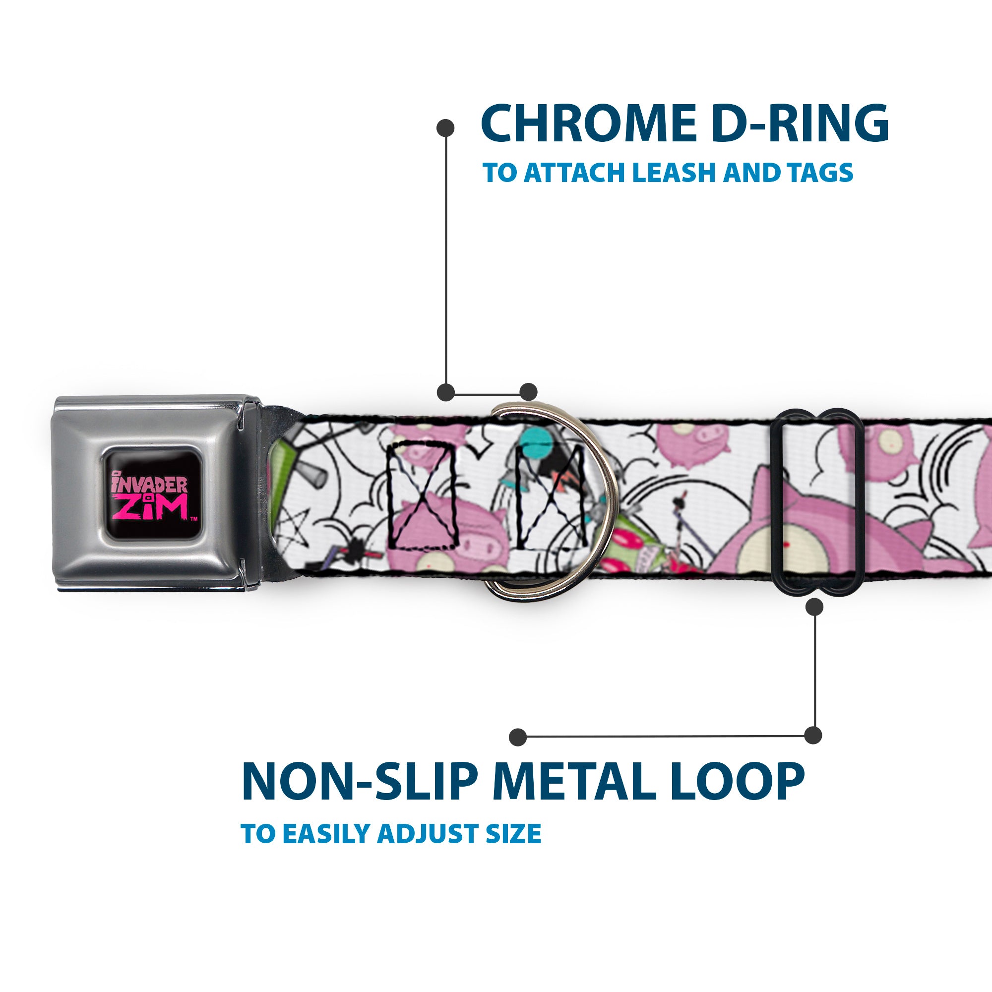 INVADER ZIM Title Logo Full Color Pink/Green Seatbelt Buckle Collar - Invader Zim GIR and Piggy Doddles White/Black