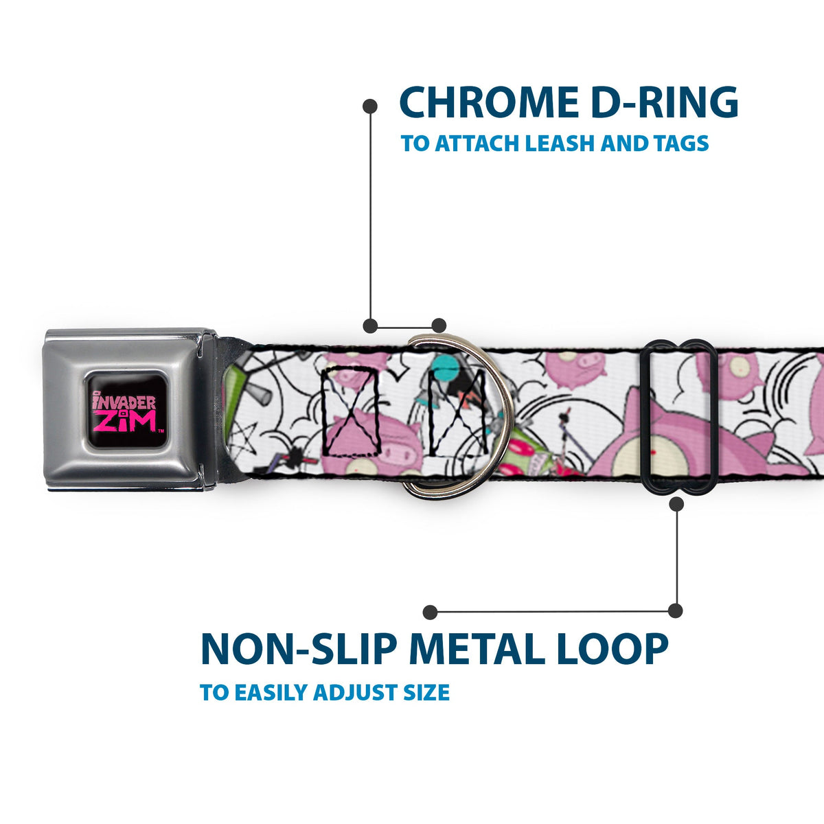 INVADER ZIM Title Logo Full Color Pink/Green Seatbelt Buckle Collar - Invader Zim GIR and Piggy Doddles White/Black
