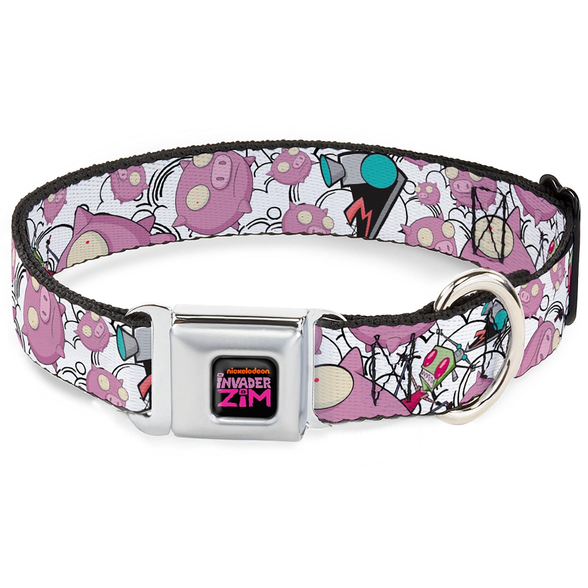 INVADER ZIM Title Logo Full Color Pink/Green Seatbelt Buckle Collar - Invader Zim GIR and Piggy Doddles White/Black