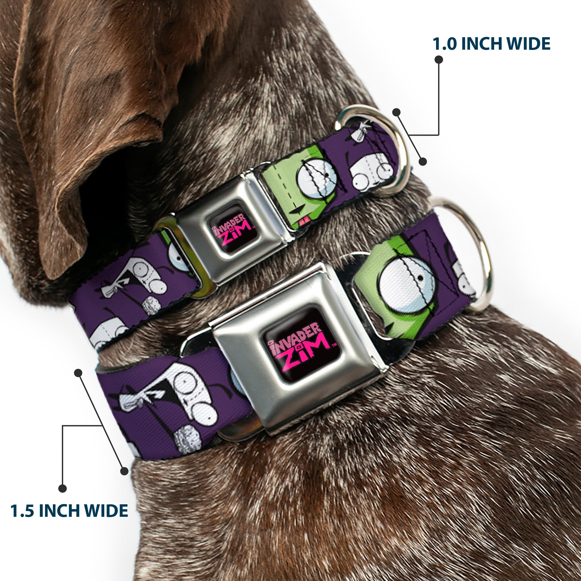 INVADER ZIM Title Logo Full Color Pink/Green Seatbelt Buckle Collar - Invader Zim GIR Poses and Sketch Purple