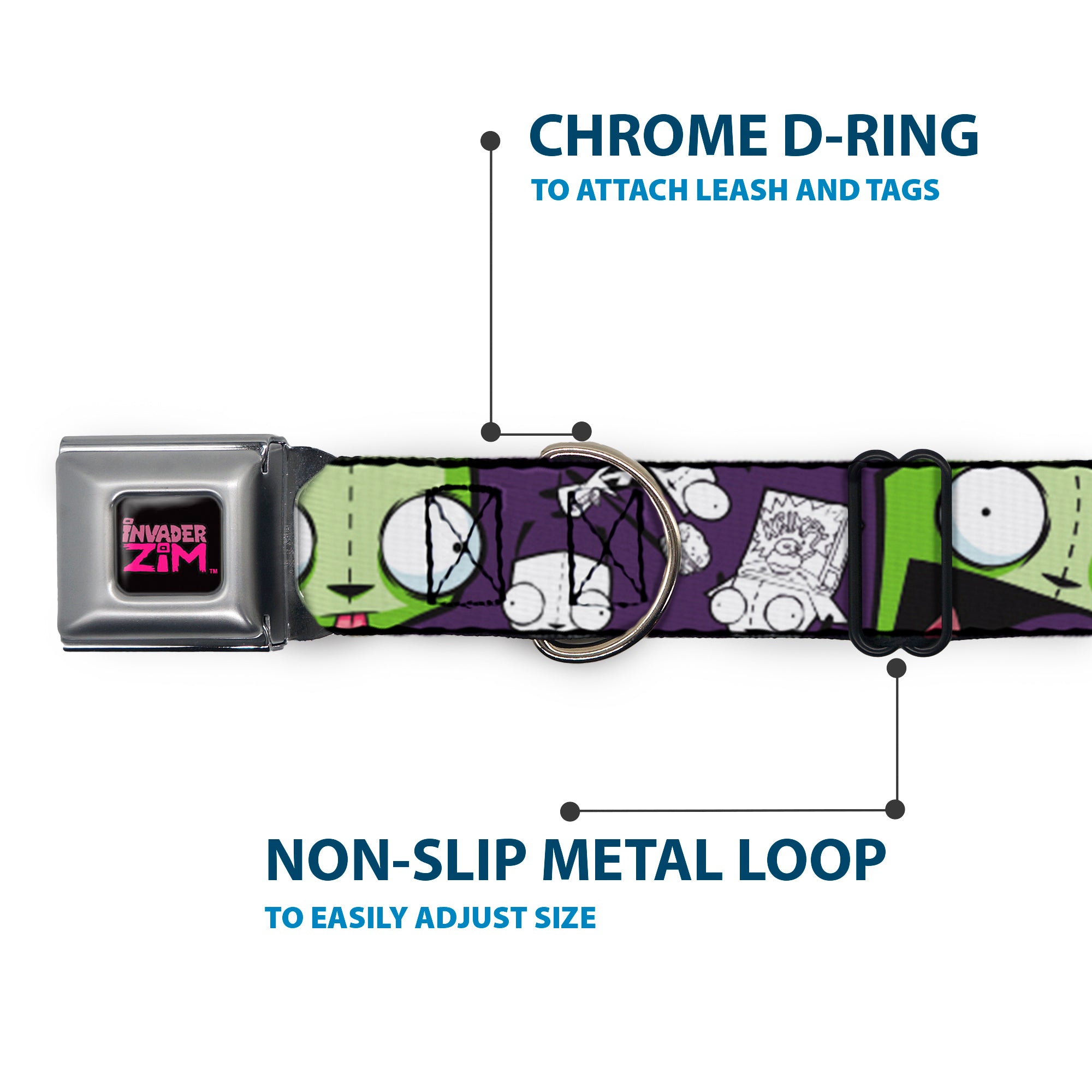 INVADER ZIM Title Logo Full Color Pink/Green Seatbelt Buckle Collar - Invader Zim GIR Poses and Sketch Purple