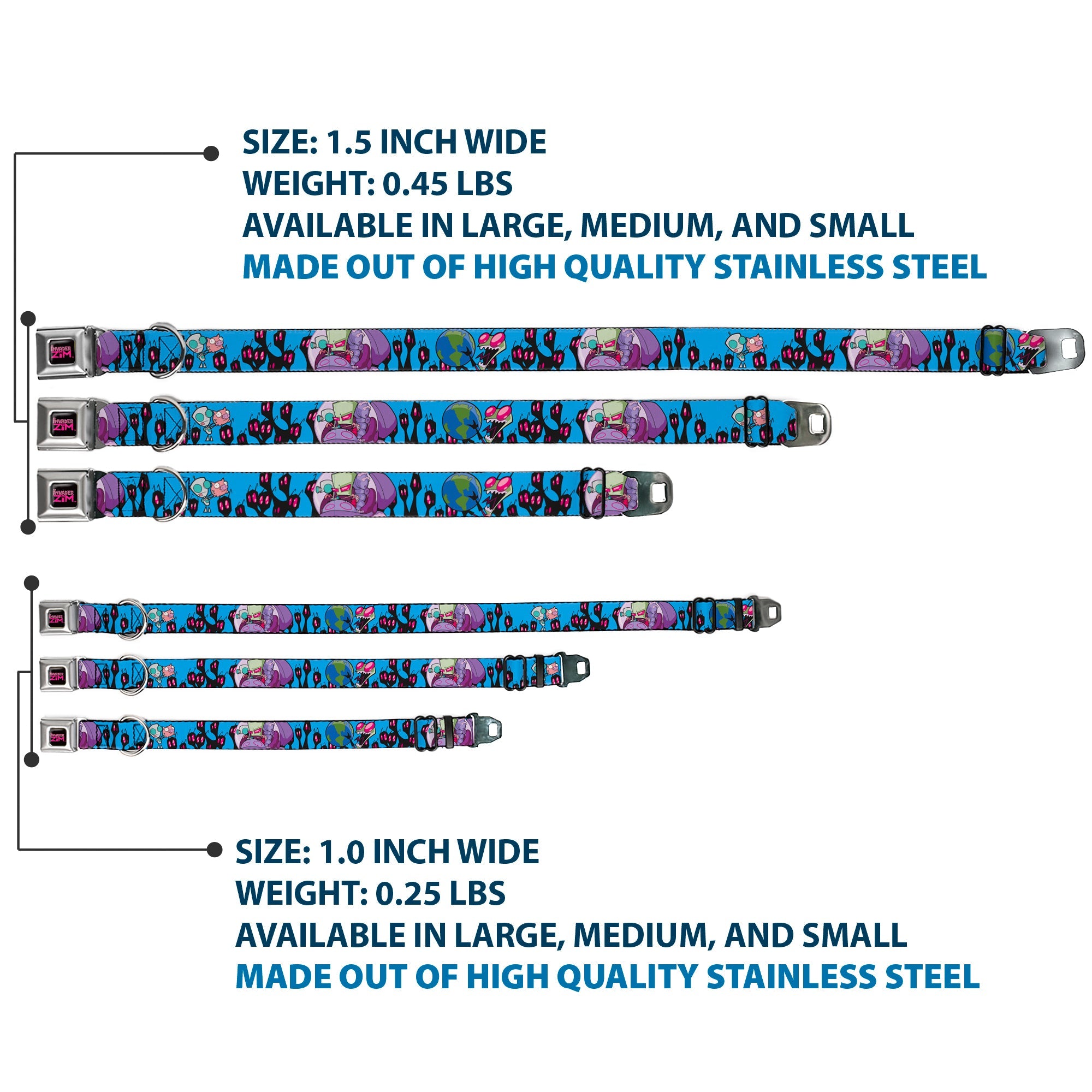 INVADER ZIM Title Logo Full Color Pink/Green Seatbelt Buckle Collar - Invader Zim GIR and Piggy Rule the World Poses Blue