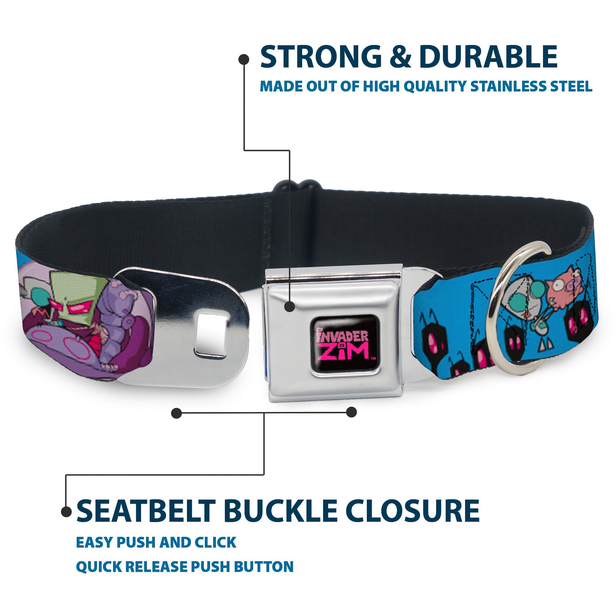 INVADER ZIM Title Logo Full Color Pink/Green Seatbelt Buckle Collar - Invader Zim GIR and Piggy Rule the World Poses Blue