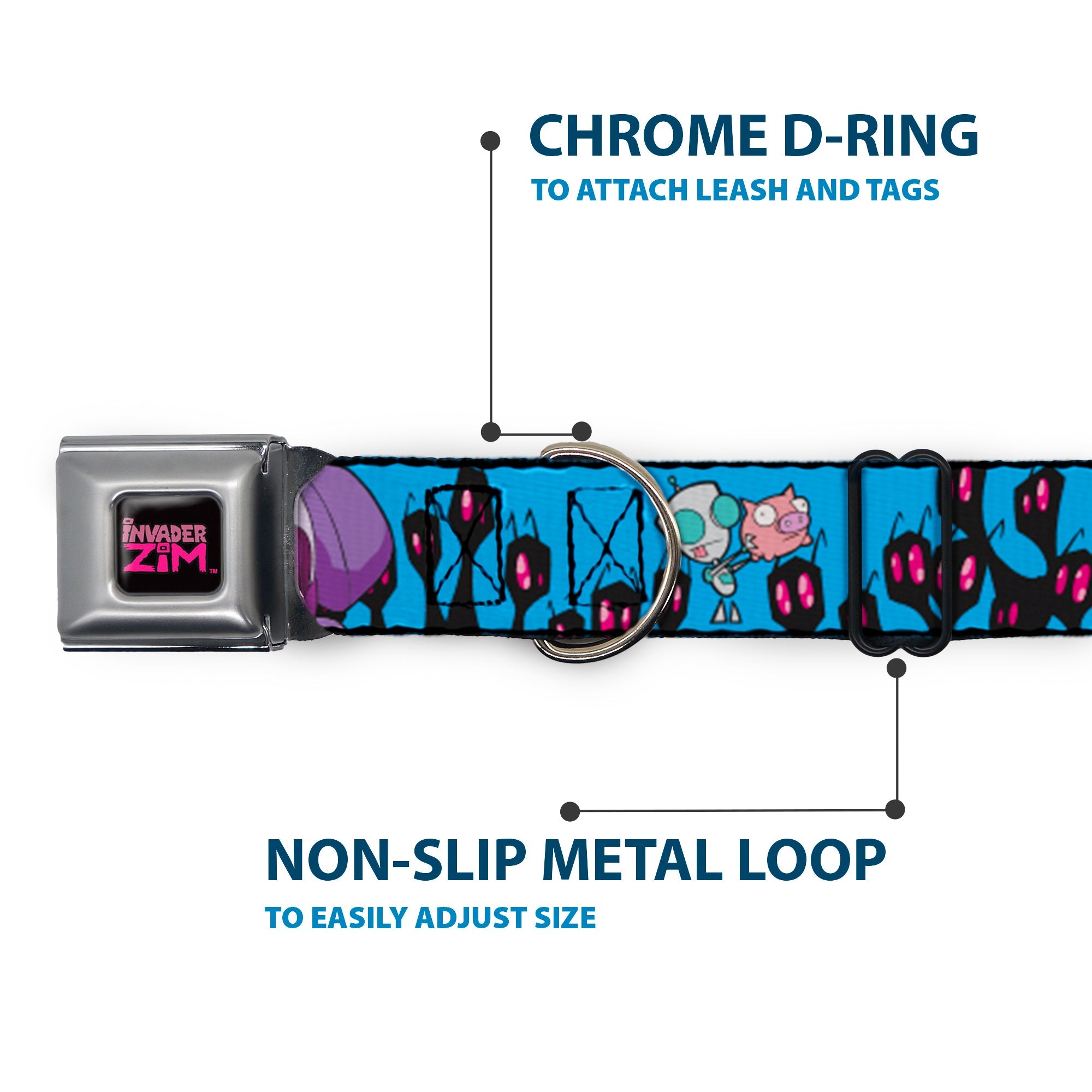 INVADER ZIM Title Logo Full Color Pink/Green Seatbelt Buckle Collar - Invader Zim GIR and Piggy Rule the World Poses Blue