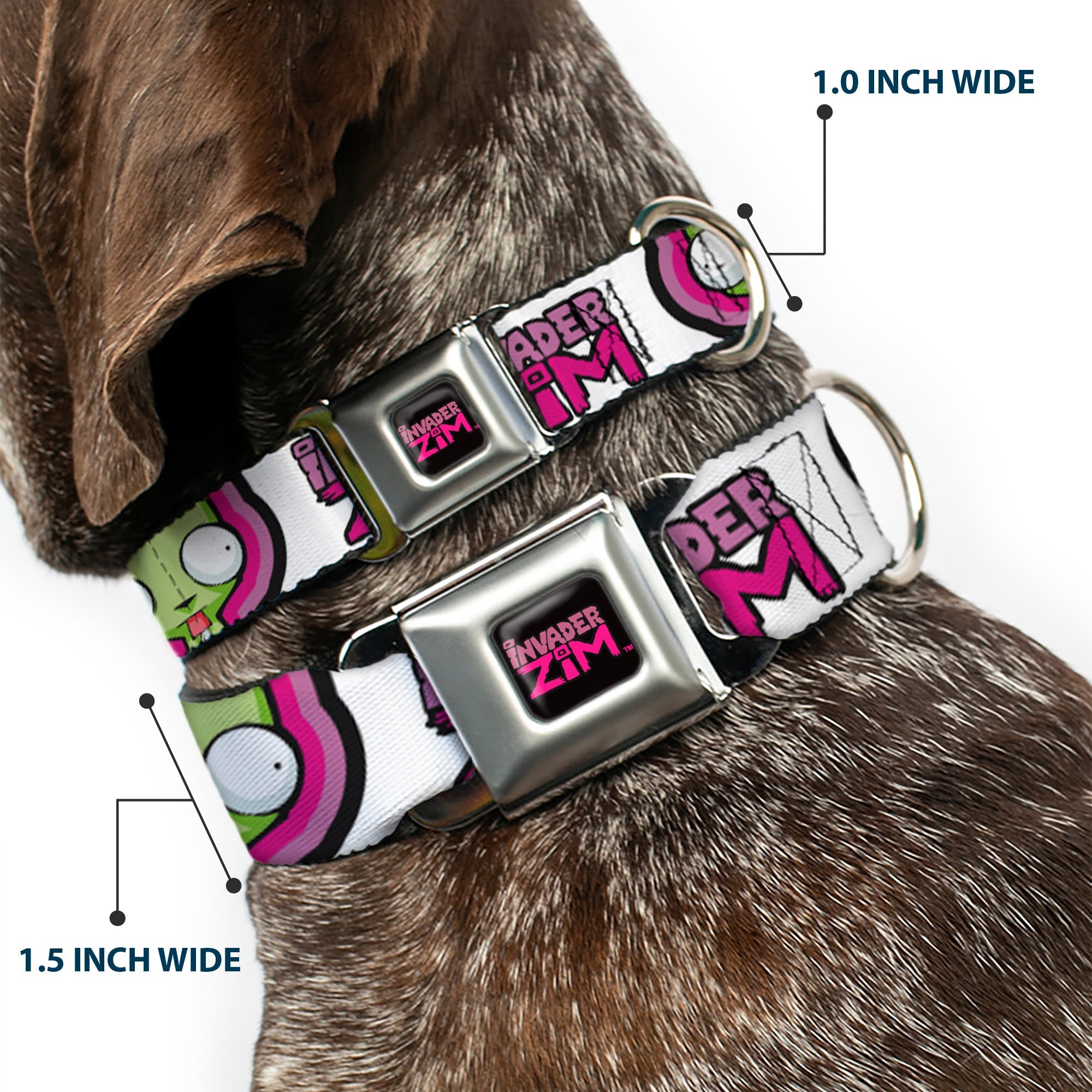 INVADER ZIM Title Logo Full Color Pink/Green Seatbelt Buckle Collar - INVADER ZIM Title Logo and GIR Pose Close-Up White/Pinks