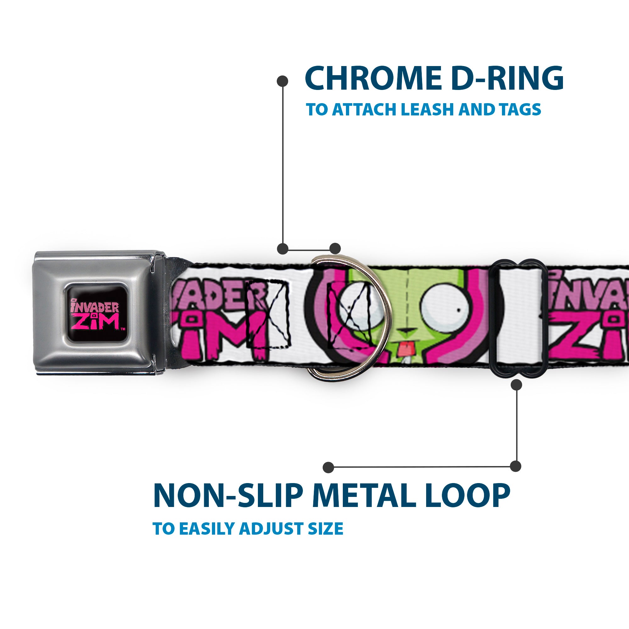 INVADER ZIM Title Logo Full Color Pink/Green Seatbelt Buckle Collar - INVADER ZIM Title Logo and GIR Pose Close-Up White/Pinks