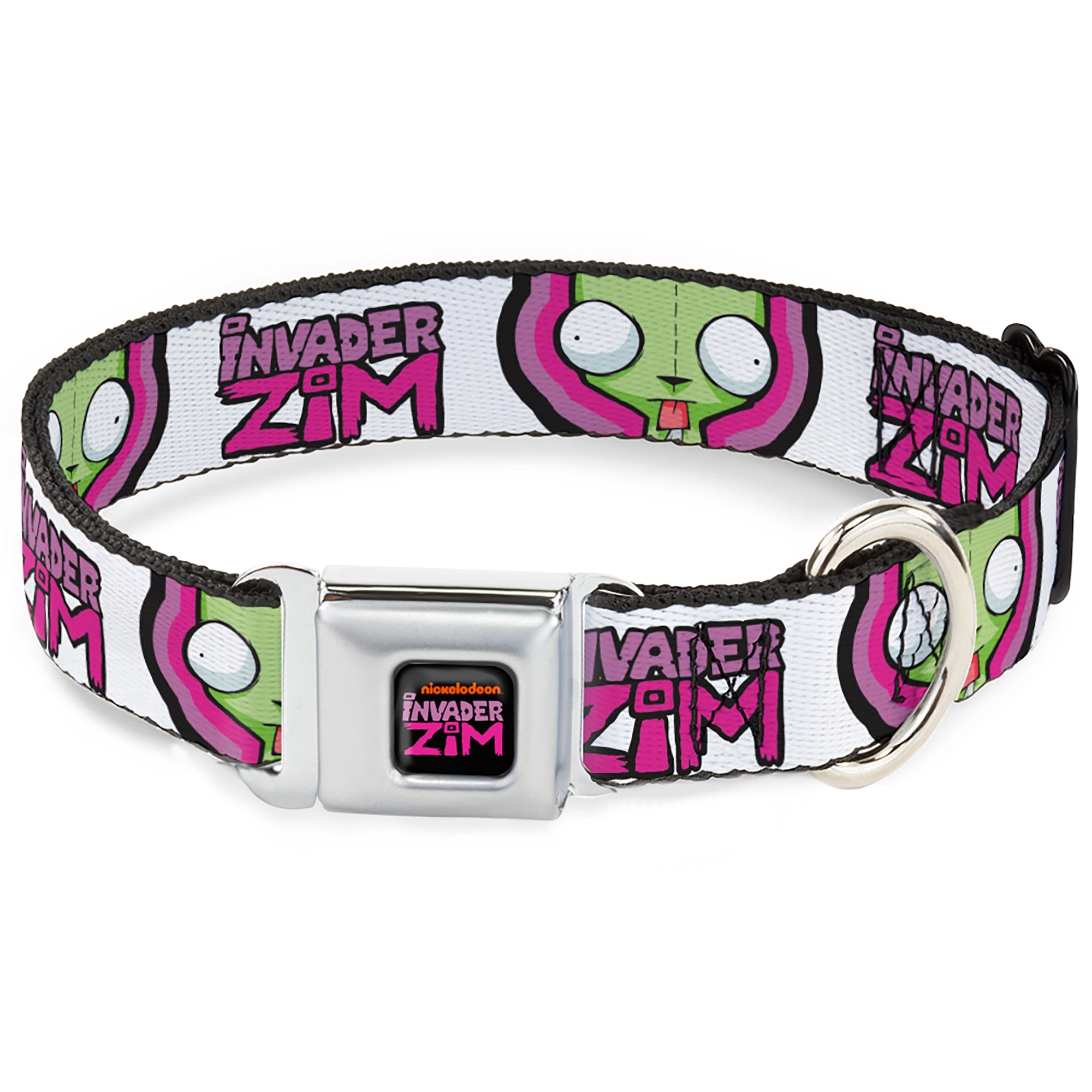INVADER ZIM Title Logo Full Color Pink/Green Seatbelt Buckle Collar - INVADER ZIM Title Logo and GIR Pose Close-Up White/Pinks