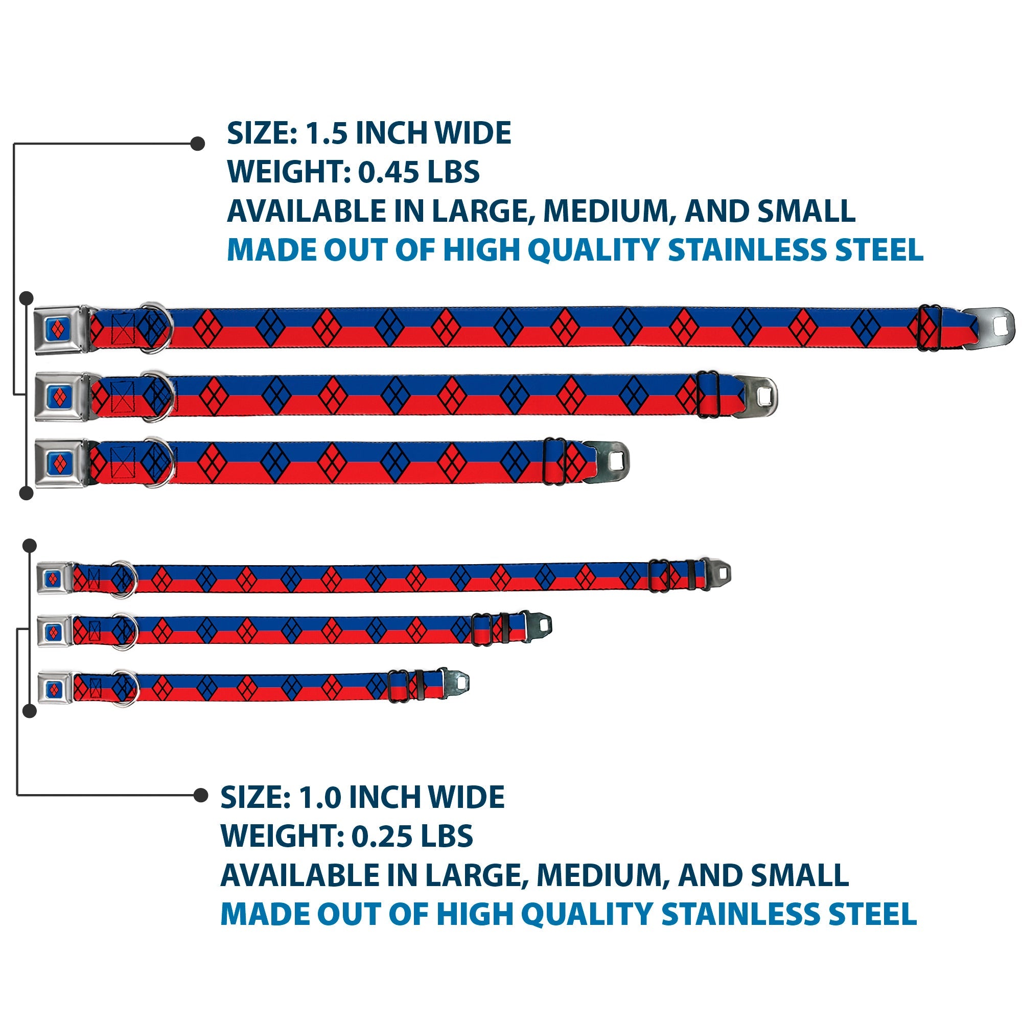 Harley Quinn Diamond Full Color Blue/Black/Red Seatbelt Buckle Collar - Harley Quinn Diamond/Stripe Red/Blue
