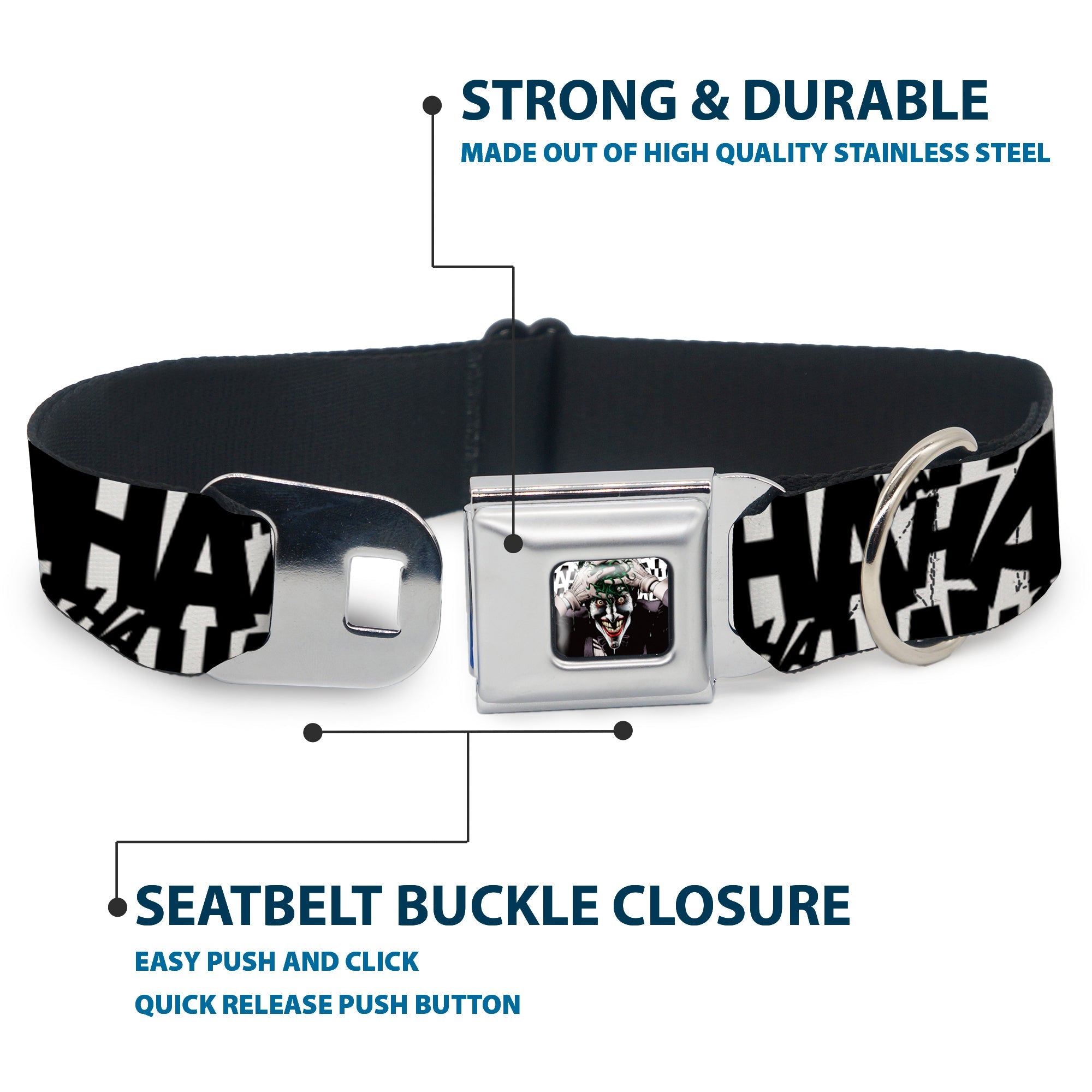 Joker The Killing Joke Holding Head Pose CLOSE-UP Full Color Seatbelt Buckle Collar - Jokers HA HA HA Repeat White/Black