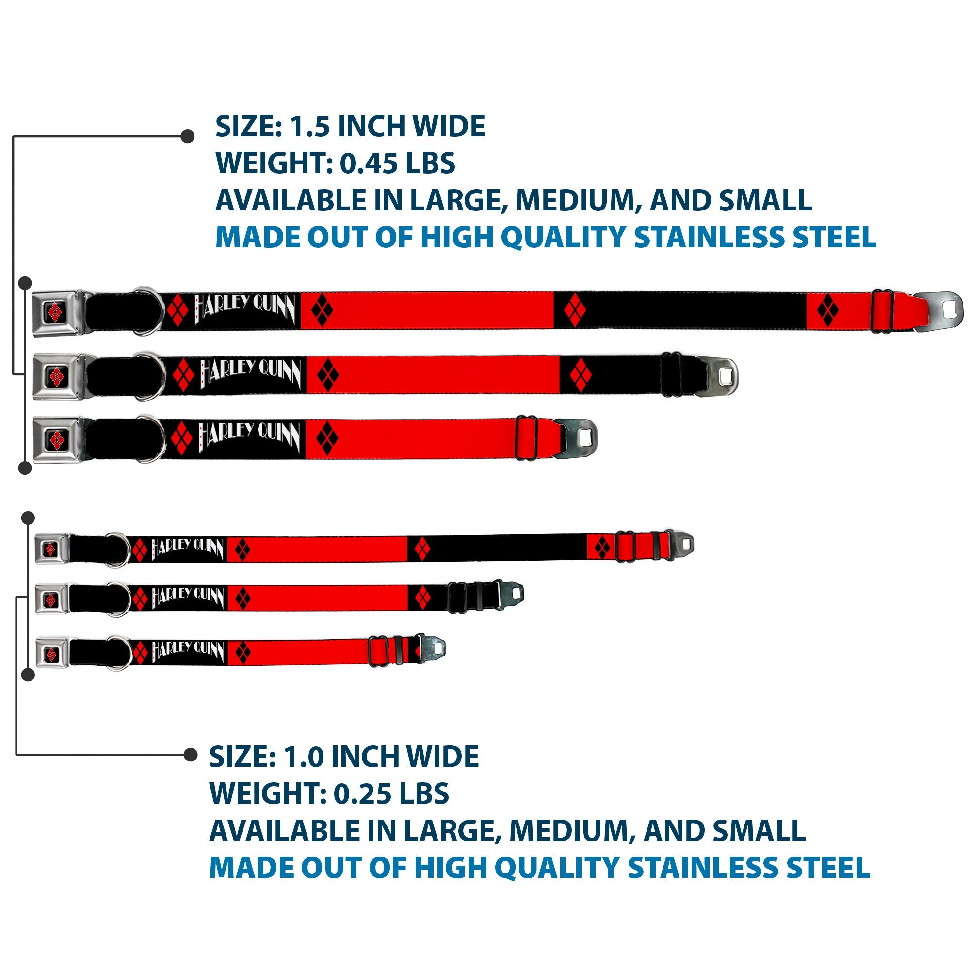 Harley Quinn Diamond Full Color Black Red Seatbelt Buckle Collar - HARLEY QUINN/Diamonds Black/Red/White