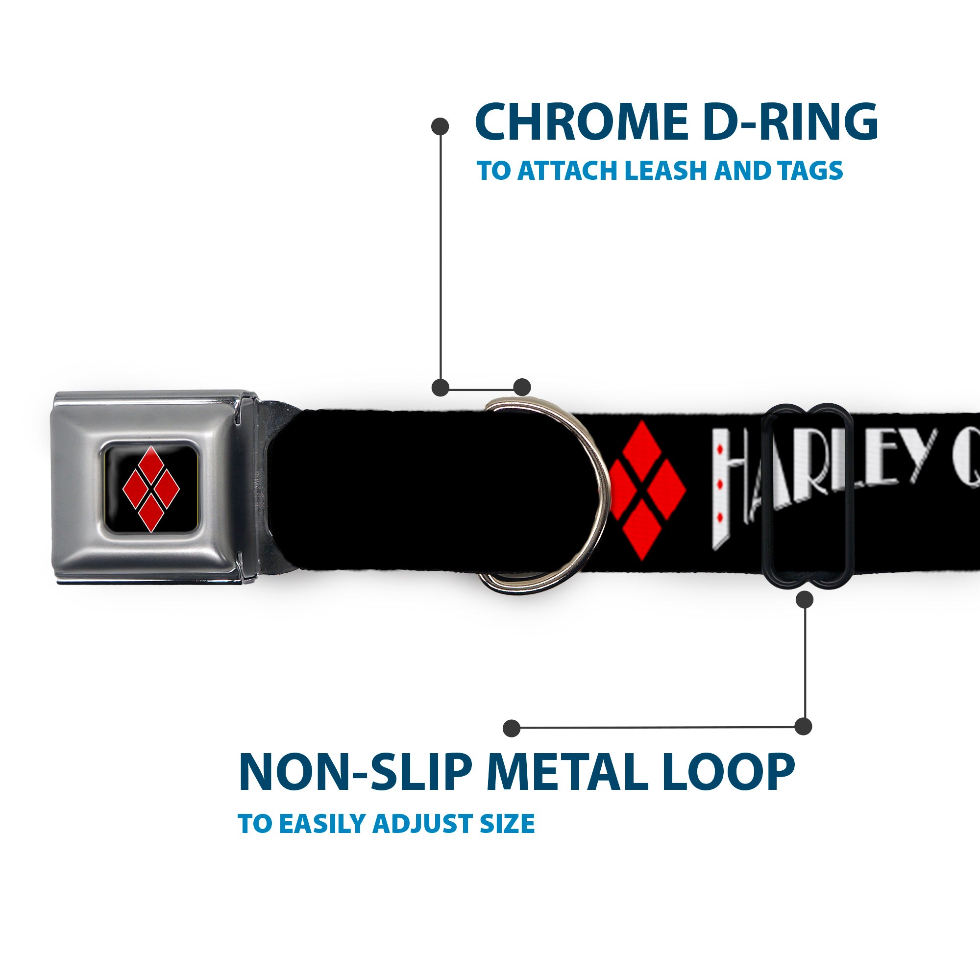 Harley Quinn Diamond Full Color Black Red Seatbelt Buckle Collar - HARLEY QUINN/Diamonds Black/Red/White