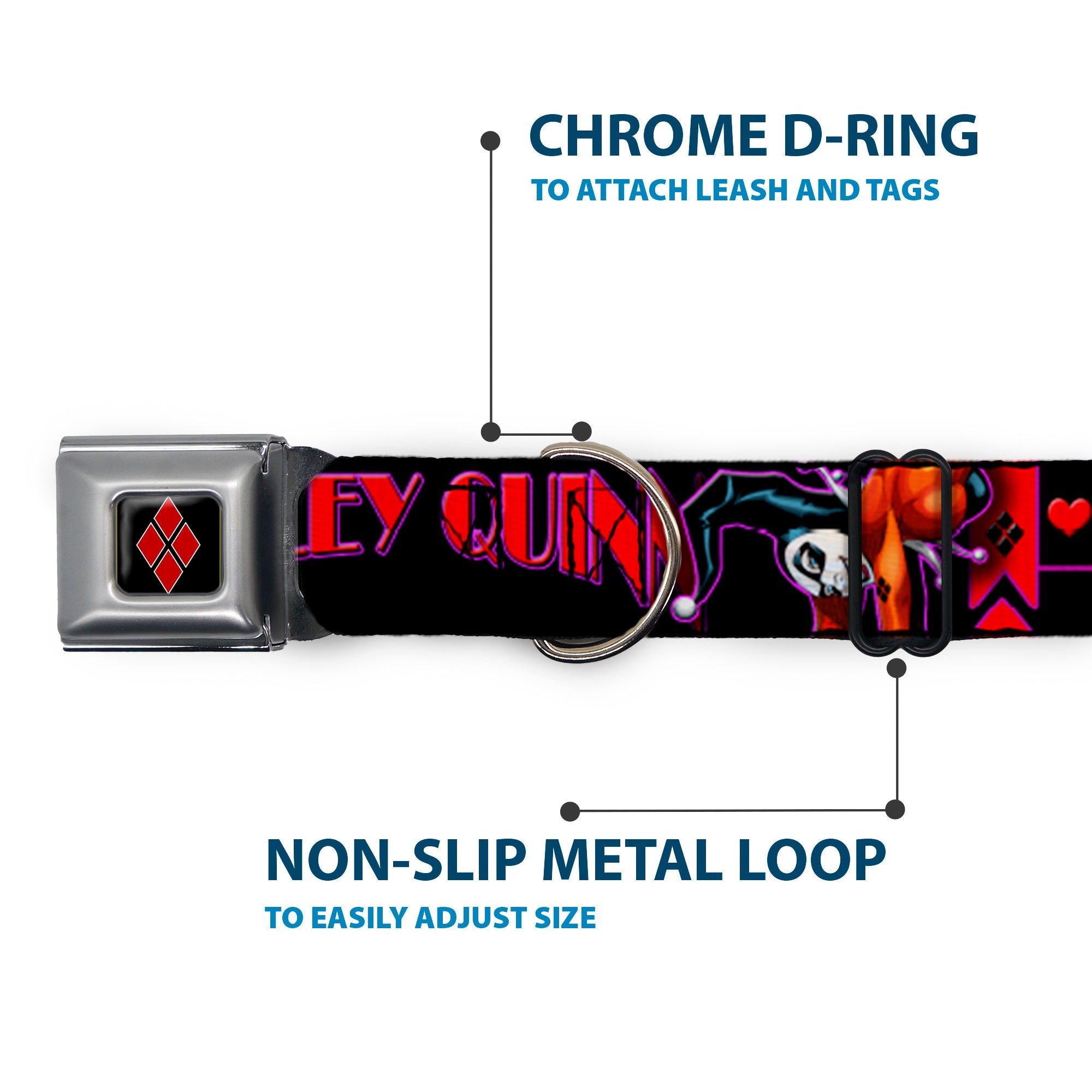 Harley Quinn Diamond Full Color Black Red Seatbelt Buckle Collar - HARLEY QUINN Bomb Poses/Suits Black/Purple/Red