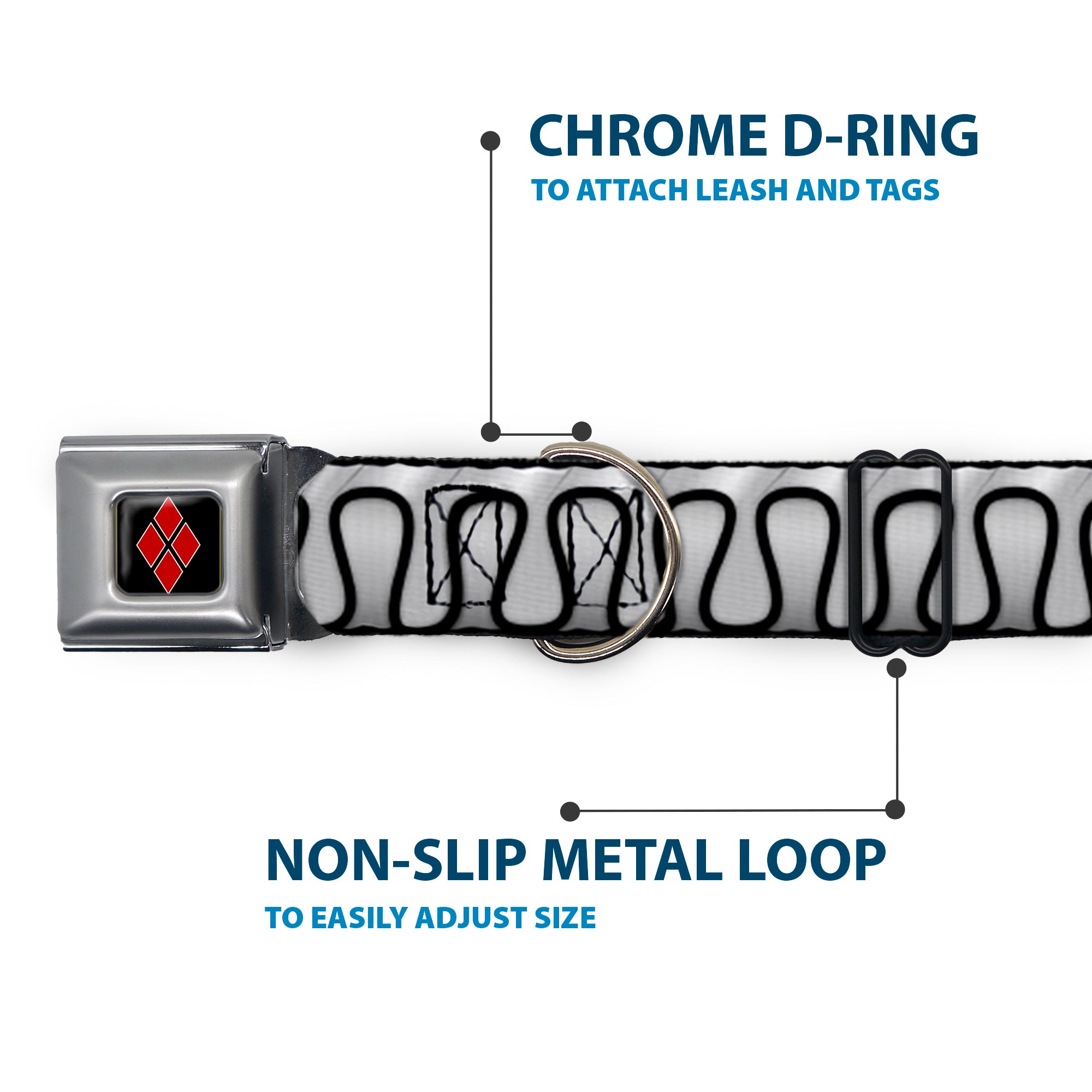 Harley Quinn Diamond Black/Red Seatbelt Buckle Collar - Harley Quinn's Collar Ruffle White/Black