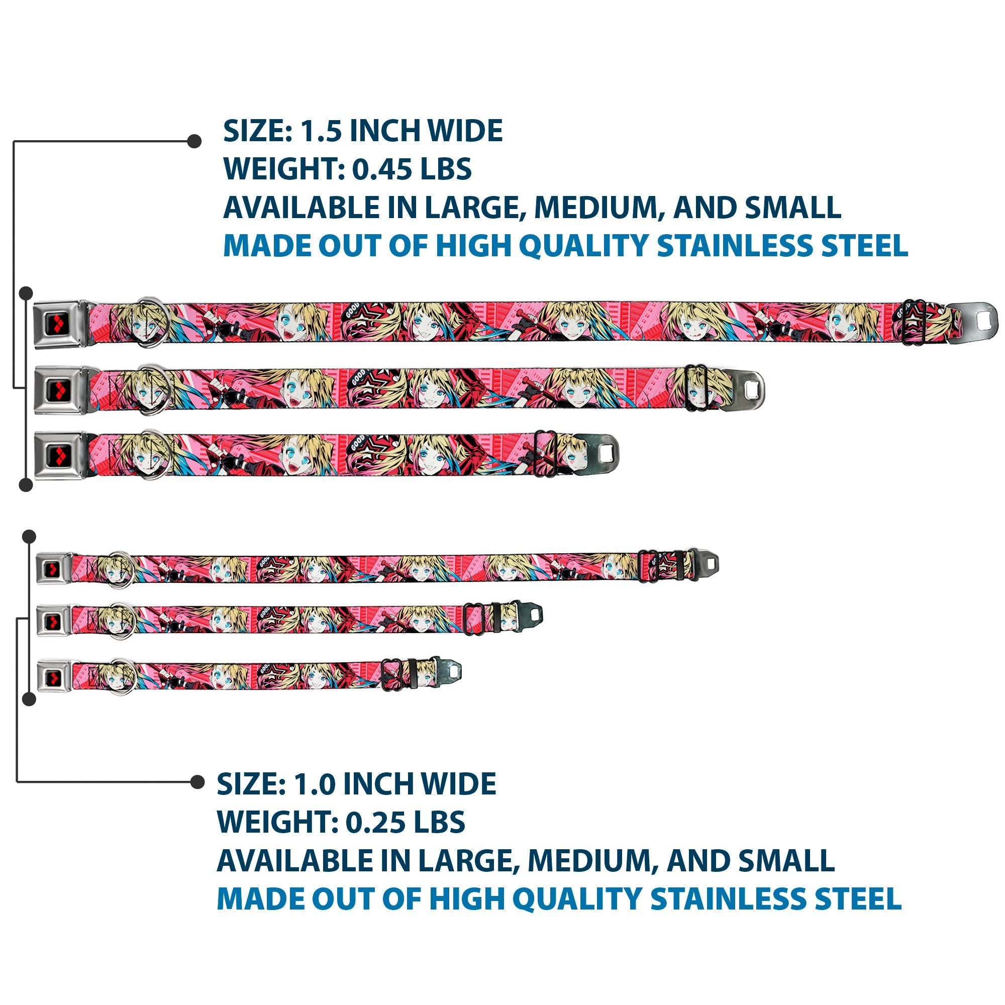Harley Quinn Diamon Full Color Black/Red Seatbelt Buckle Collar - Harley Quinn Puddin Poses Anime Graphics Pink/Red